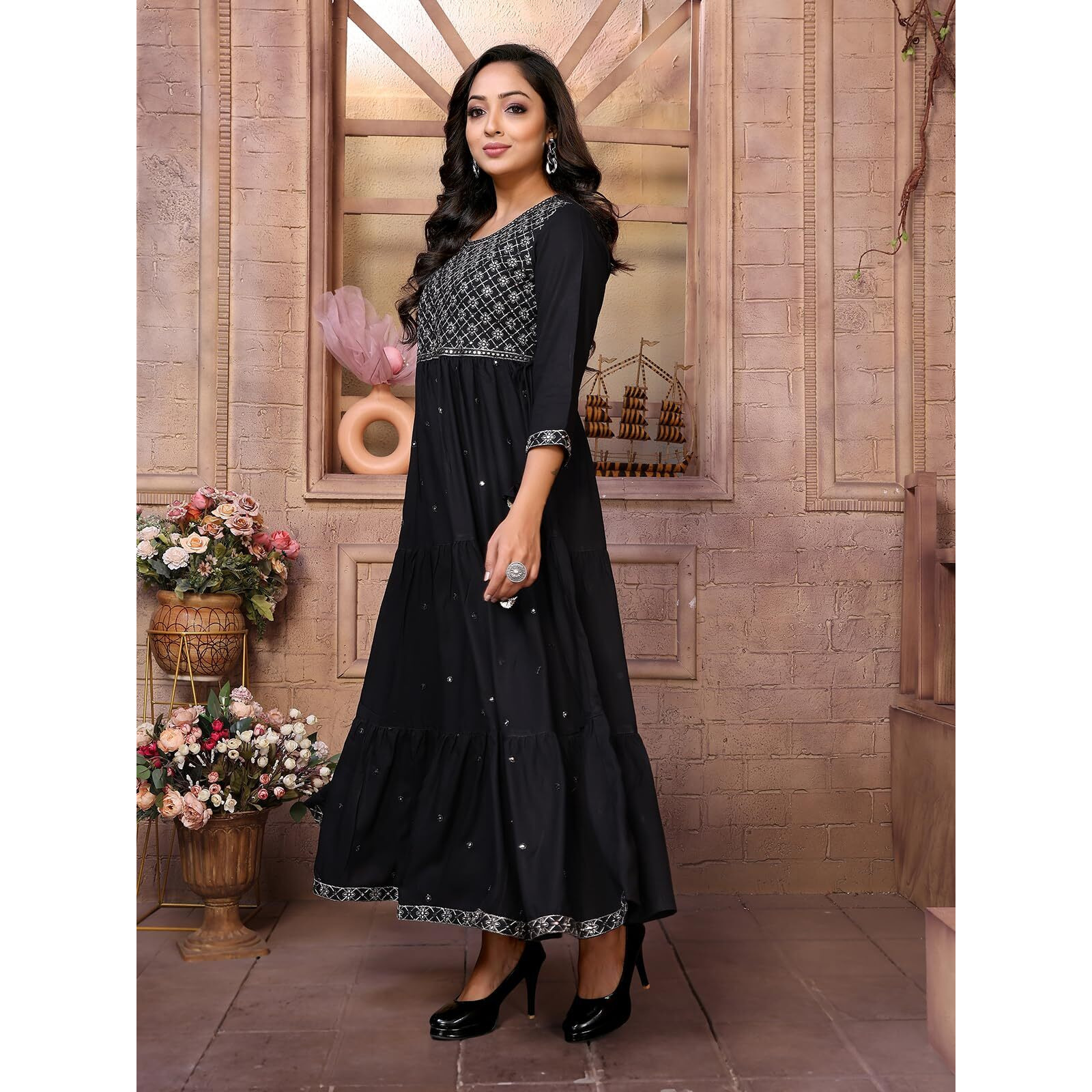Rangita Black Rayon Ankle Length Embroidered Tiered Flared Kurti | Kurta For Women_S