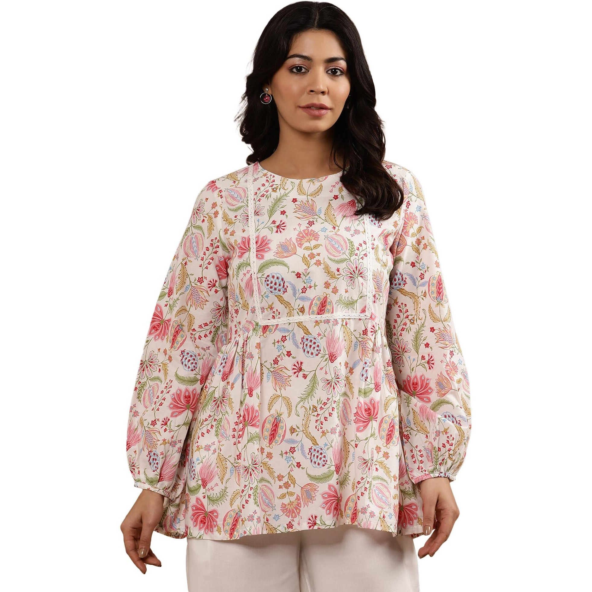 W Ecru Floral Printed Cotton Top And Pant For Women