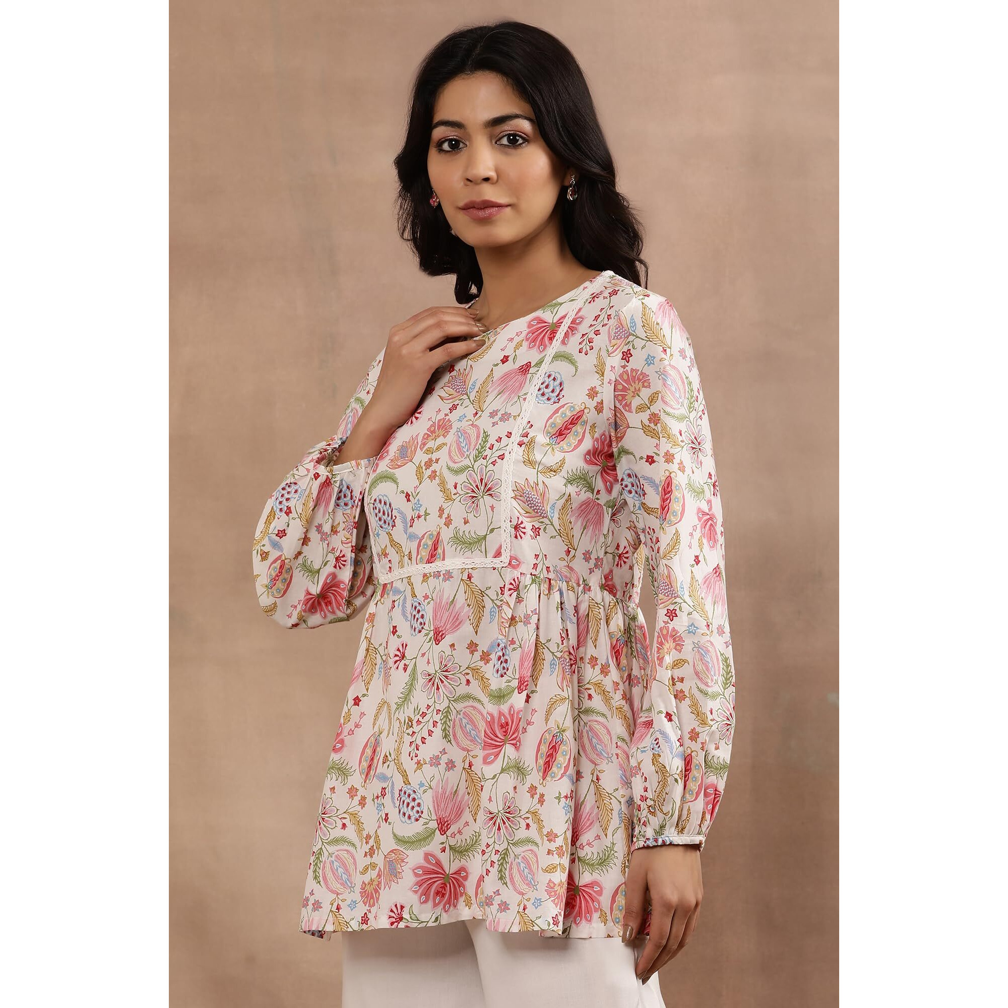 W Ecru Floral Printed Cotton Top And Pant For Women