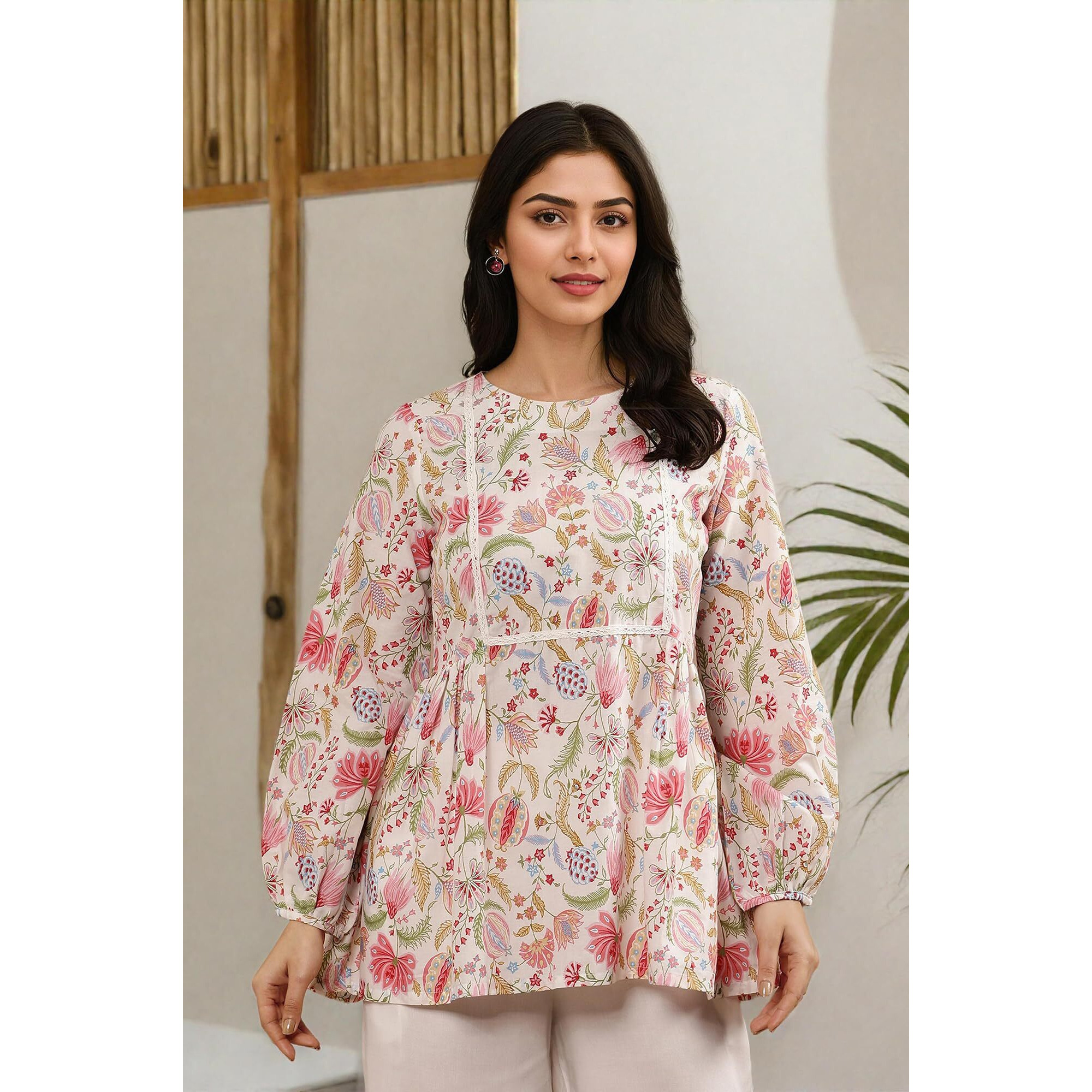 W Ecru Floral Printed Cotton Top And Pant For Women