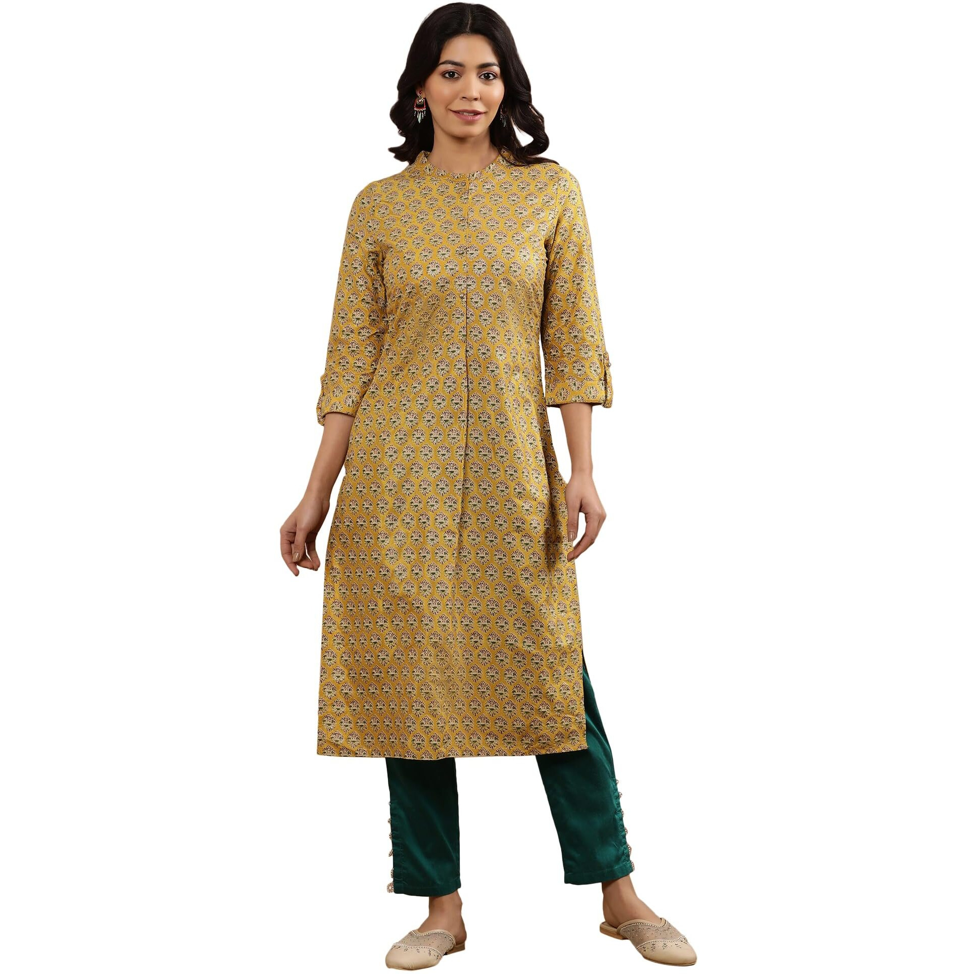 W For Woman Mustard Glitter Printed Kurta And Slim Pants Set (Size M)-24Onws18055-119942