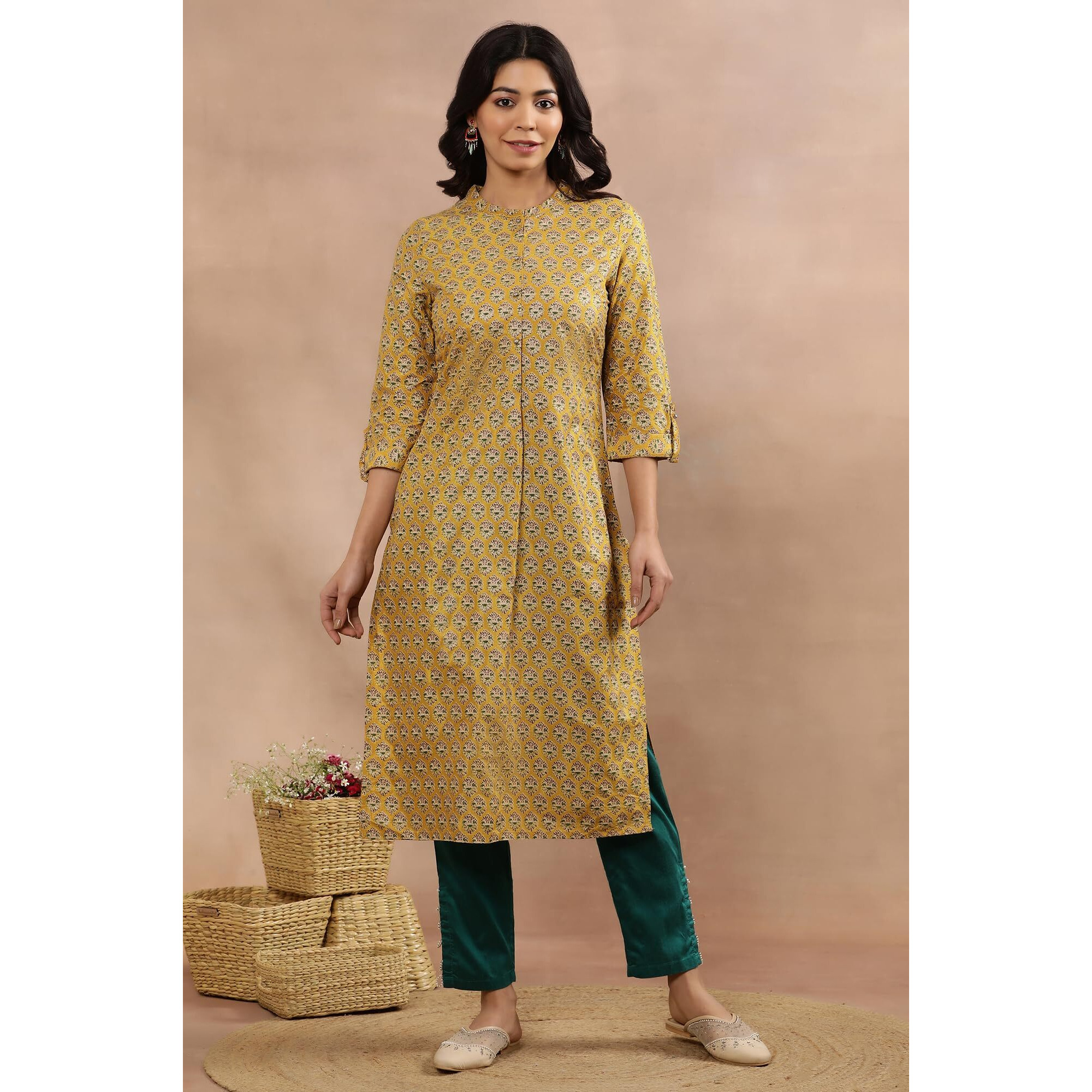 W For Woman Mustard Glitter Printed Kurta And Slim Pants Set (Size M)-24Onws18055-119942