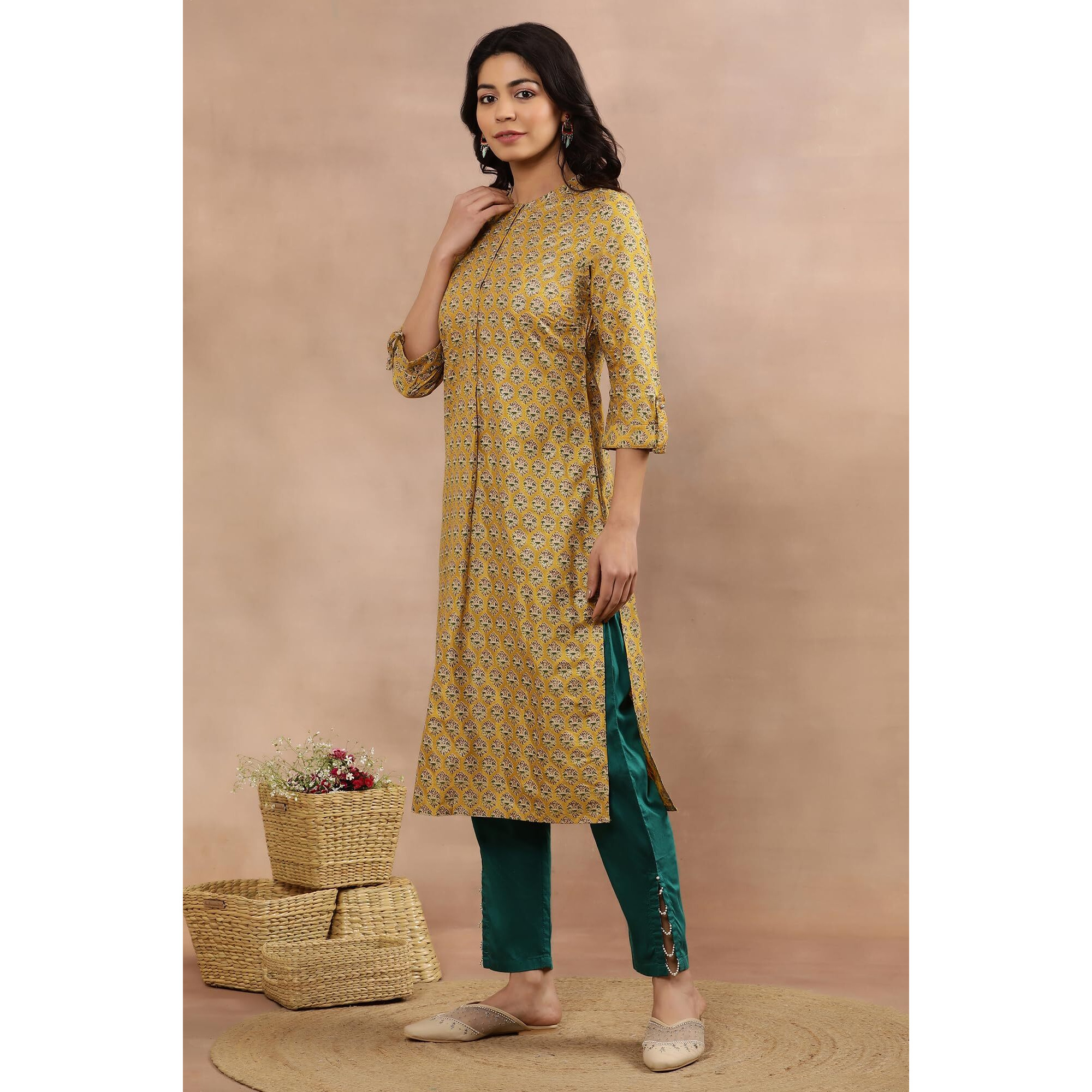 W For Woman Mustard Glitter Printed Kurta And Slim Pants Set (Size M)-24Onws18055-119942