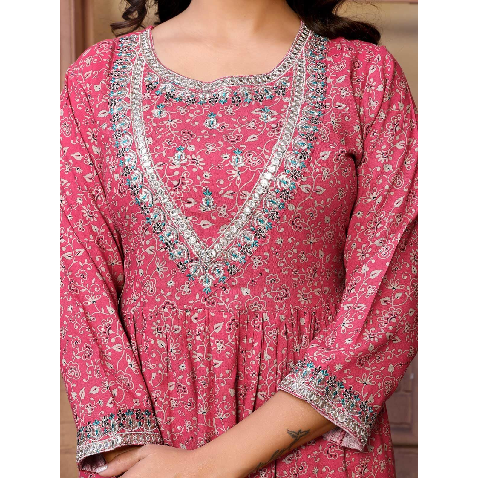 Rangita Red Rayon Calf Length Embroidered Anarkali Kurti | Kurta For Women_M