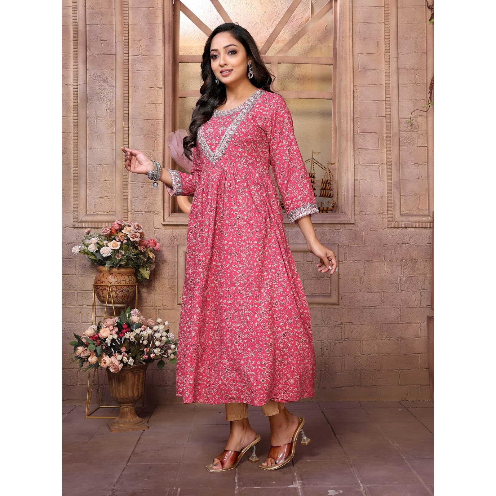 Rangita Red Rayon Calf Length Embroidered Anarkali Kurti | Kurta For Women_M