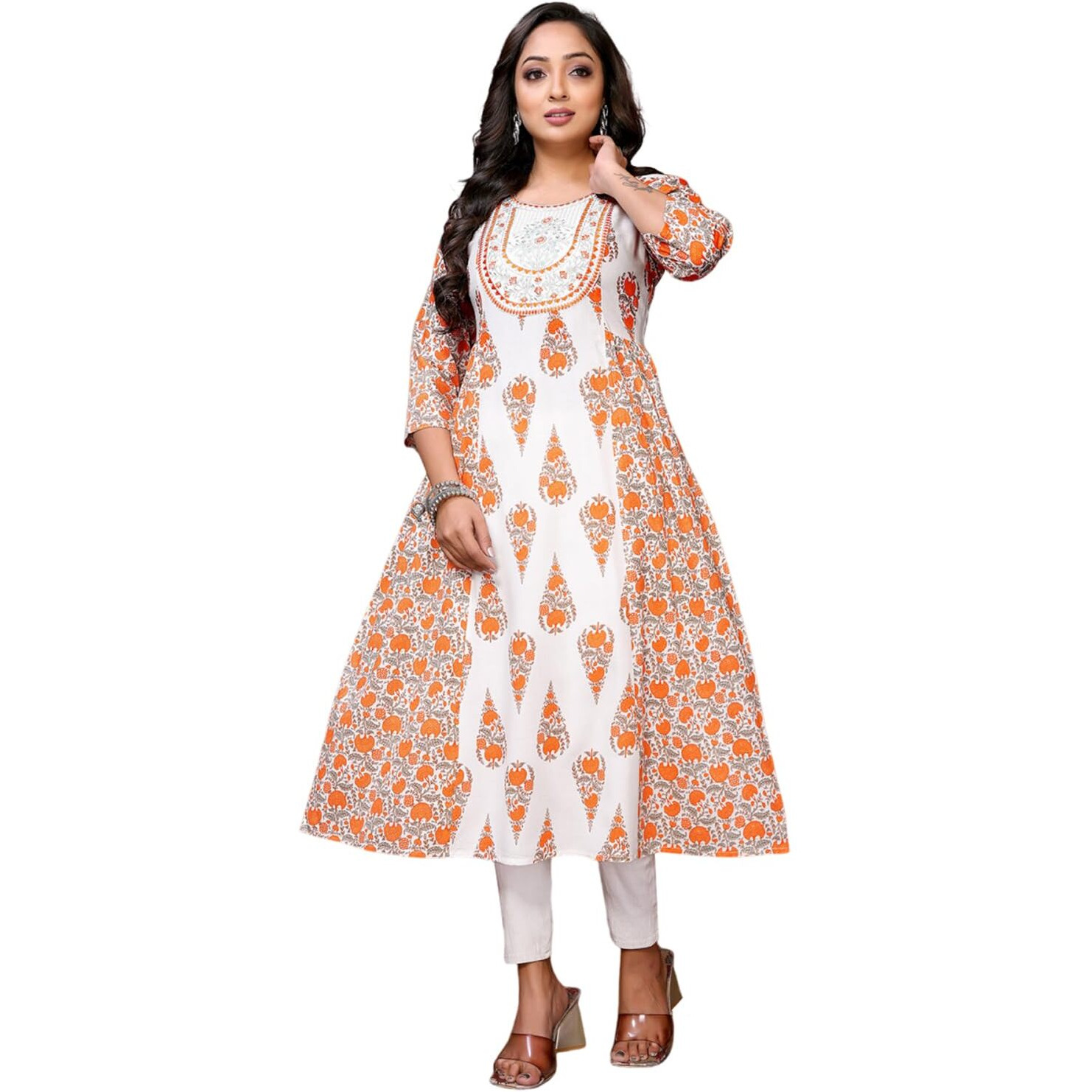 Rangita White Rayon Calf Length Embroidered Flared Kurti | Kurta For Women_S