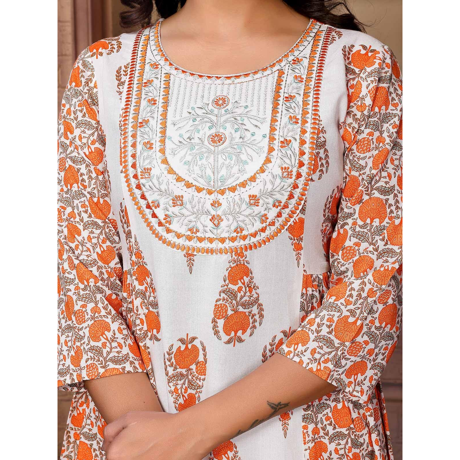 Rangita White Rayon Calf Length Embroidered Flared Kurti | Kurta For Women_S