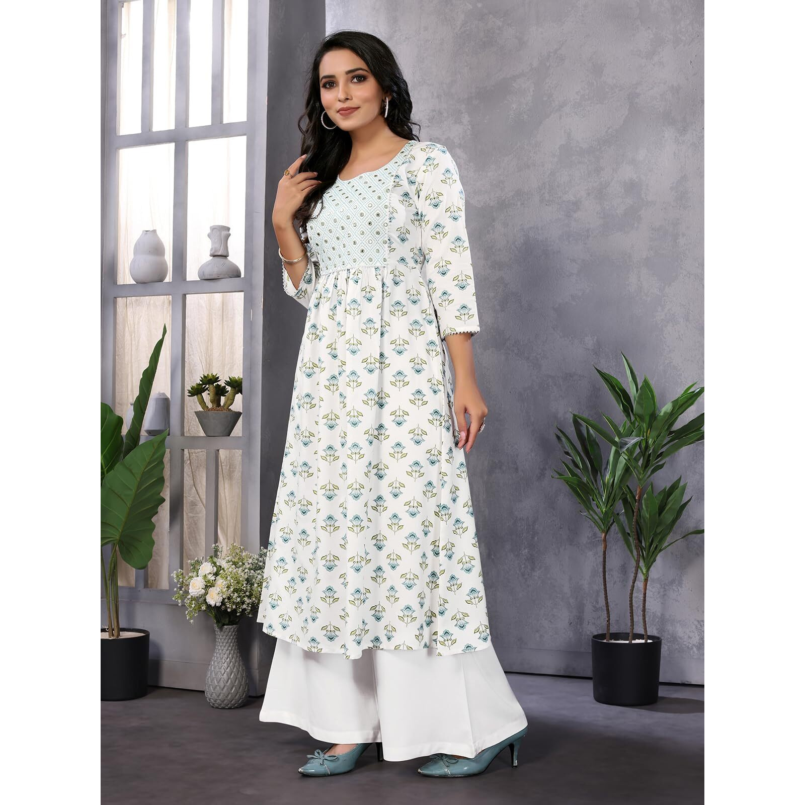 Rangita White Rayon Calf Length Embroidered Anarkali Kurti | Kurta For Women_M