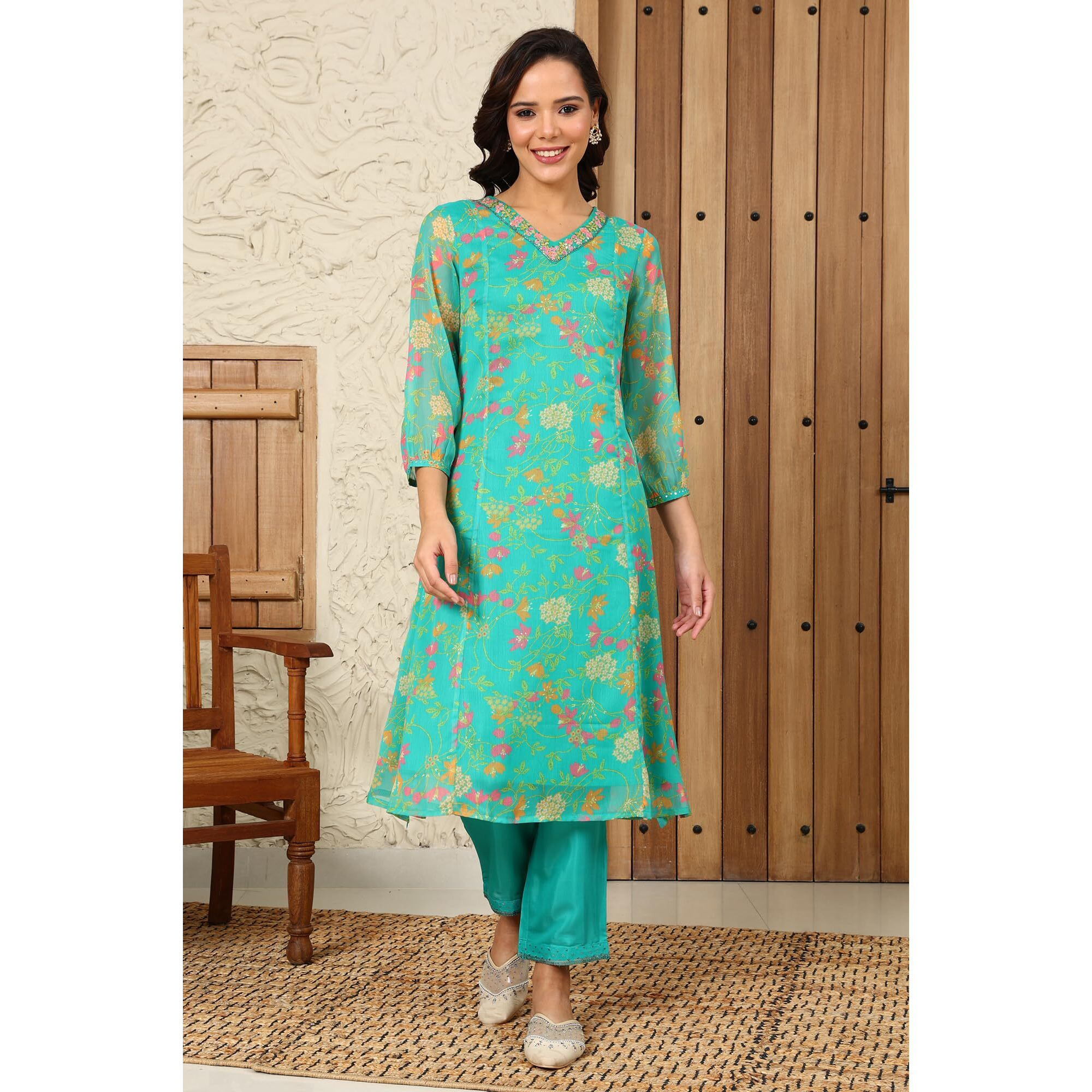 W For Woman Teal Blue Floral Printed Embroidered Neckline Chiffon A-Line Kurta_24Auw11404-124095_S