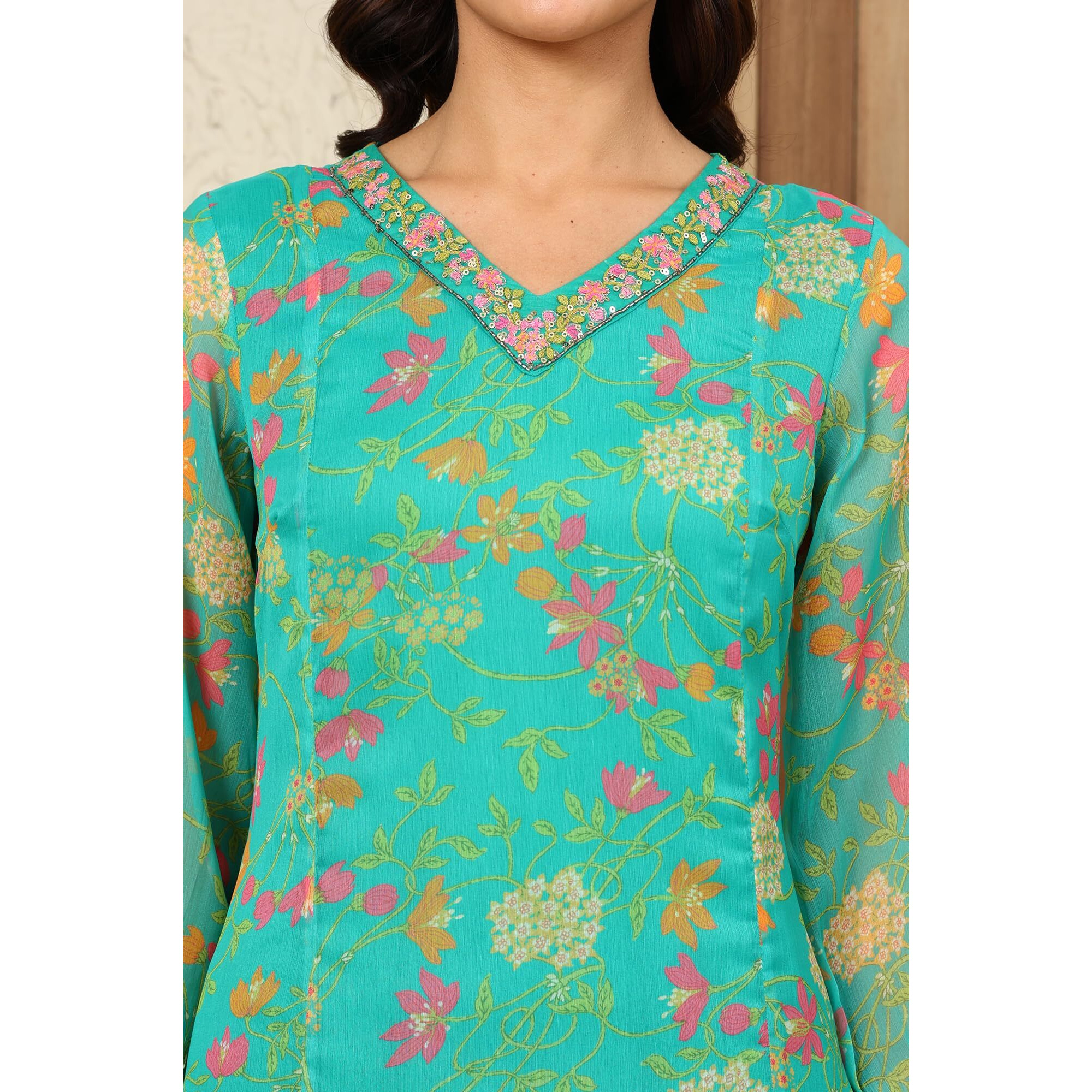 W For Woman Teal Blue Floral Printed Embroidered Neckline Chiffon A-Line Kurta_24Auw11404-124095_S