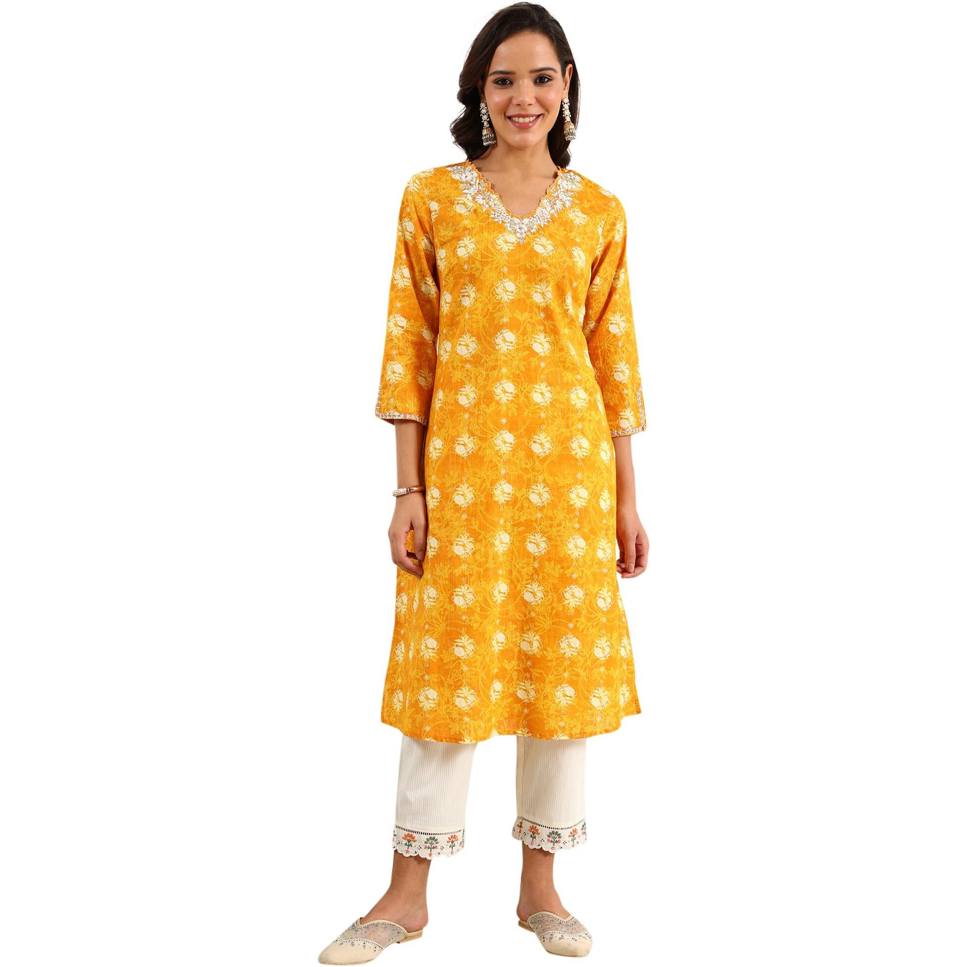 W For Woman Marigold Yellow Floral Printed Metallic Embroidered Neck Cotton Blend Straight Kurta_24Auw11411-123366_M