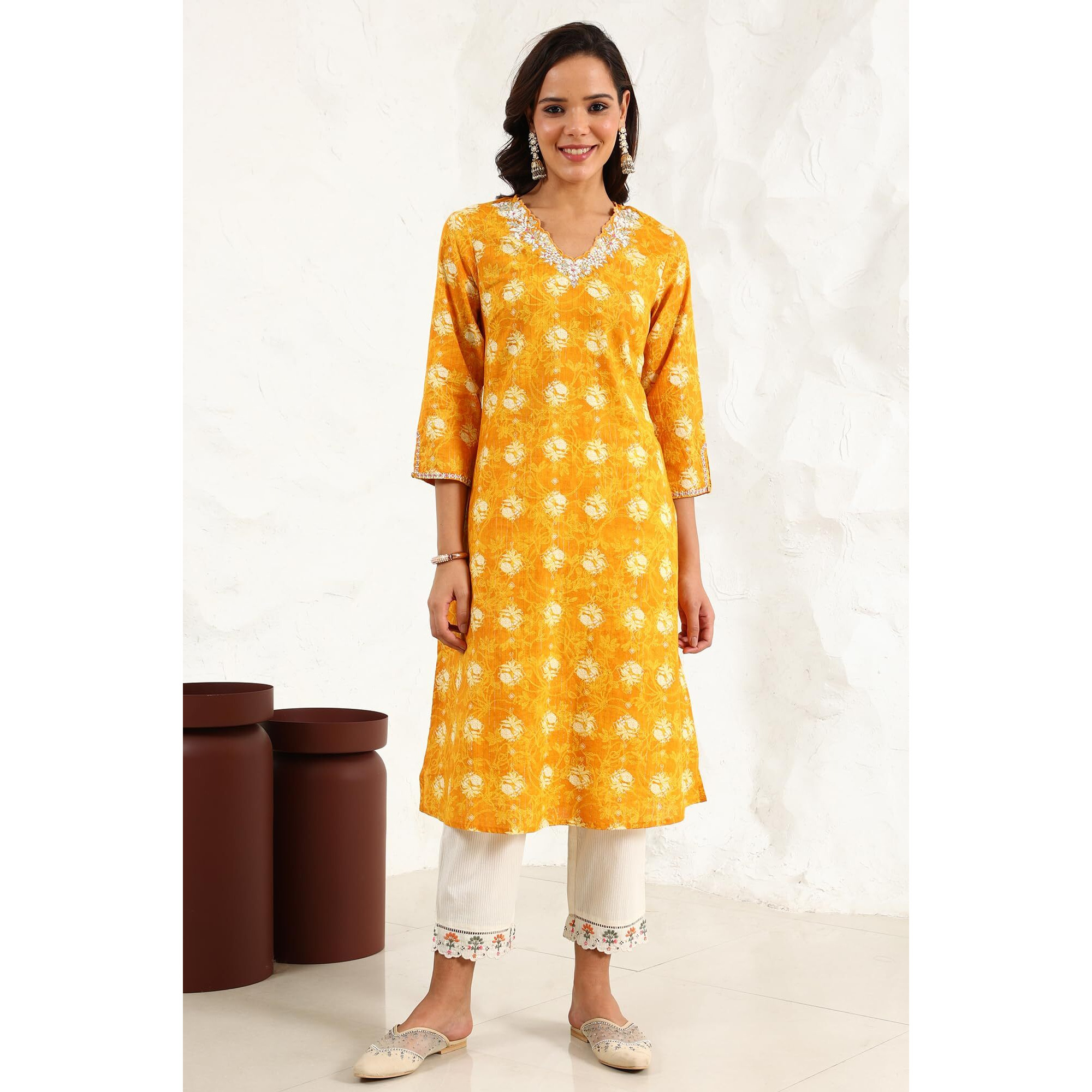 W For Woman Marigold Yellow Floral Printed Metallic Embroidered Neck Cotton Blend Straight Kurta_24Auw11411-123366_M