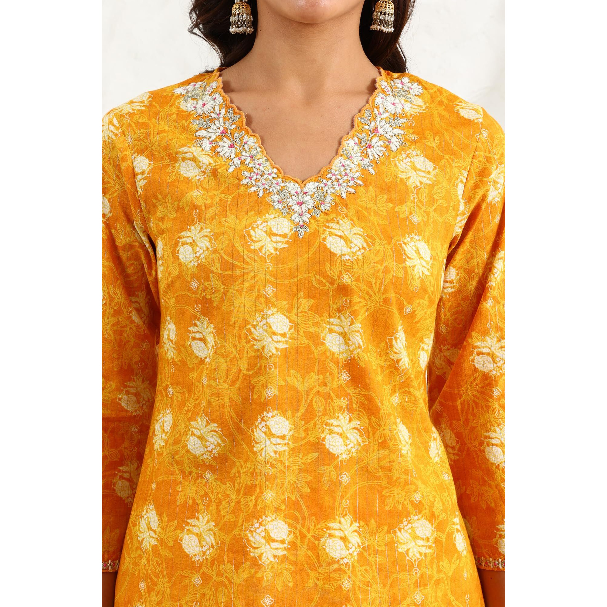 W For Woman Marigold Yellow Floral Printed Metallic Embroidered Neck Cotton Blend Straight Kurta_24Auw11411-123366_M
