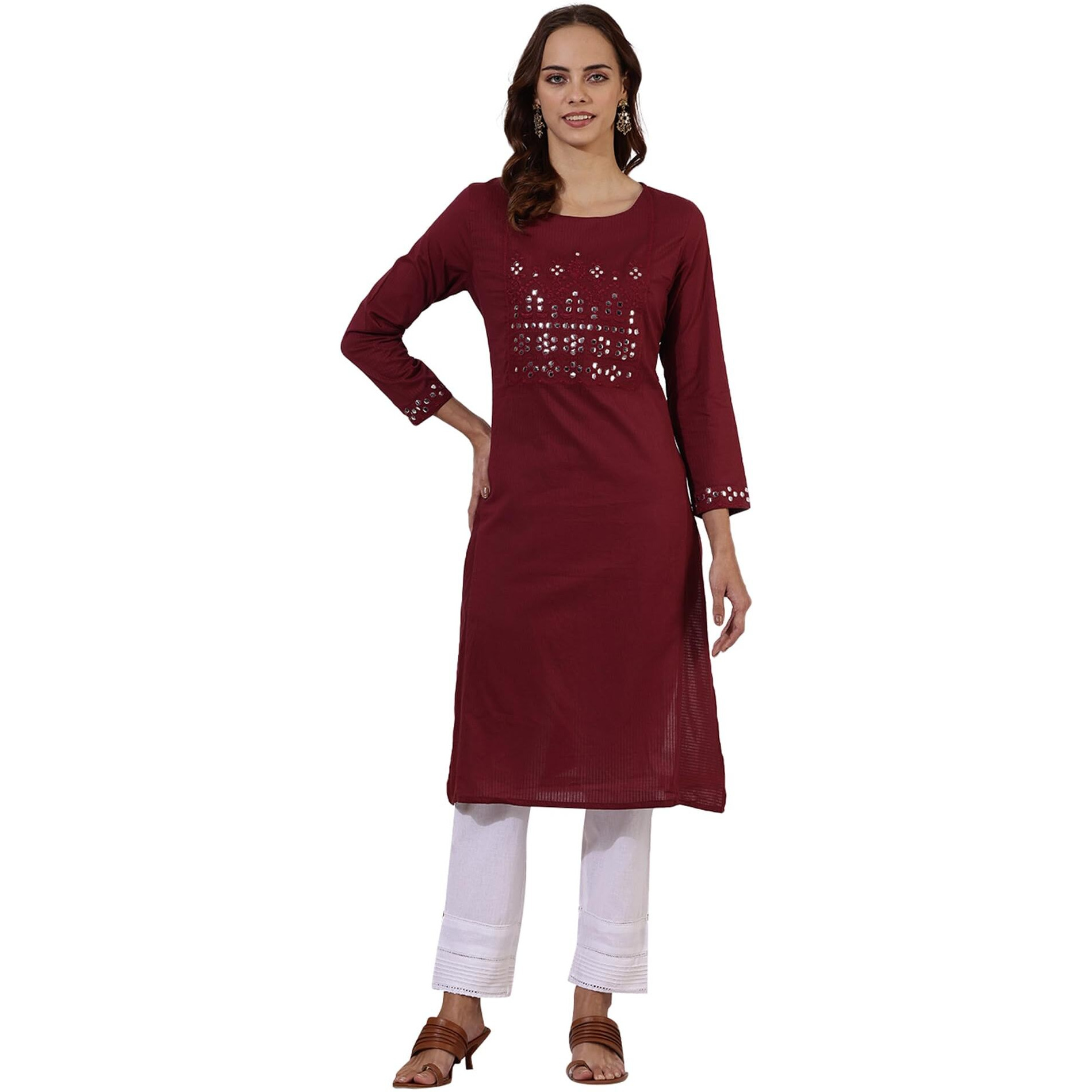 W For Woman Maroon Solid Mirror Work Pure Cotton Straight Kurta (Size S)-24Auw11367-221943