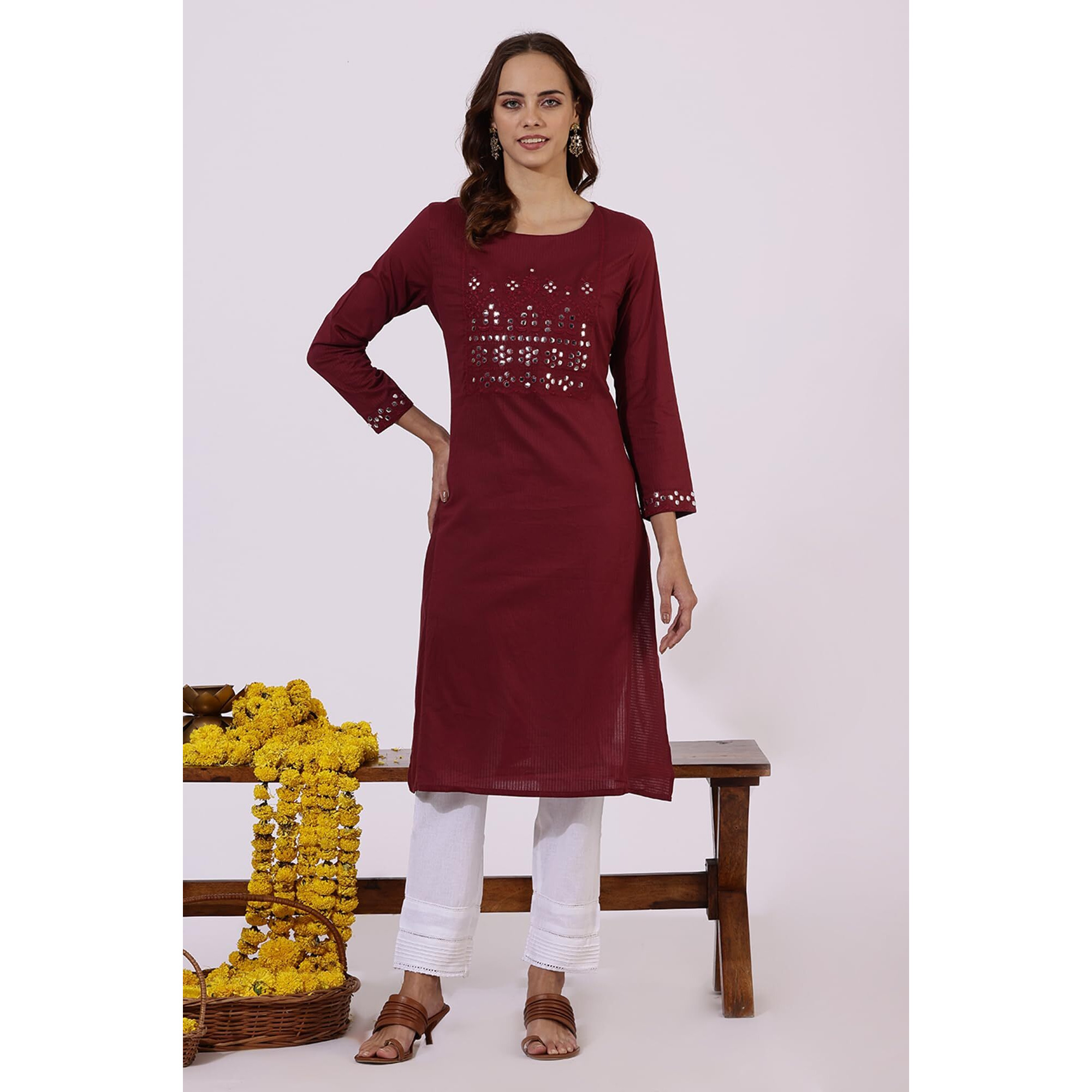 W For Woman Maroon Solid Mirror Work Pure Cotton Straight Kurta (Size S)-24Auw11367-221943