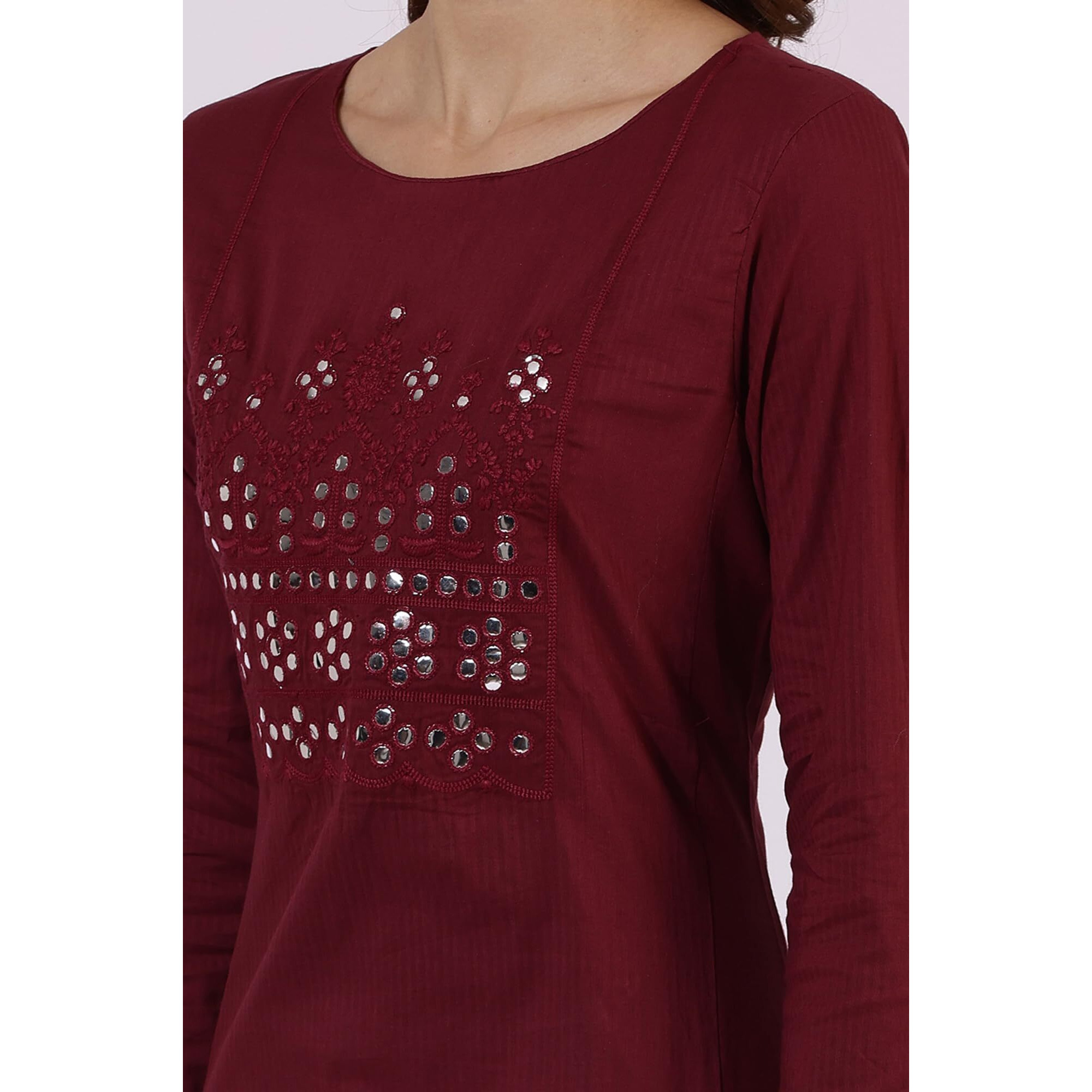 W For Woman Maroon Solid Mirror Work Pure Cotton Straight Kurta (Size S)-24Auw11367-221943