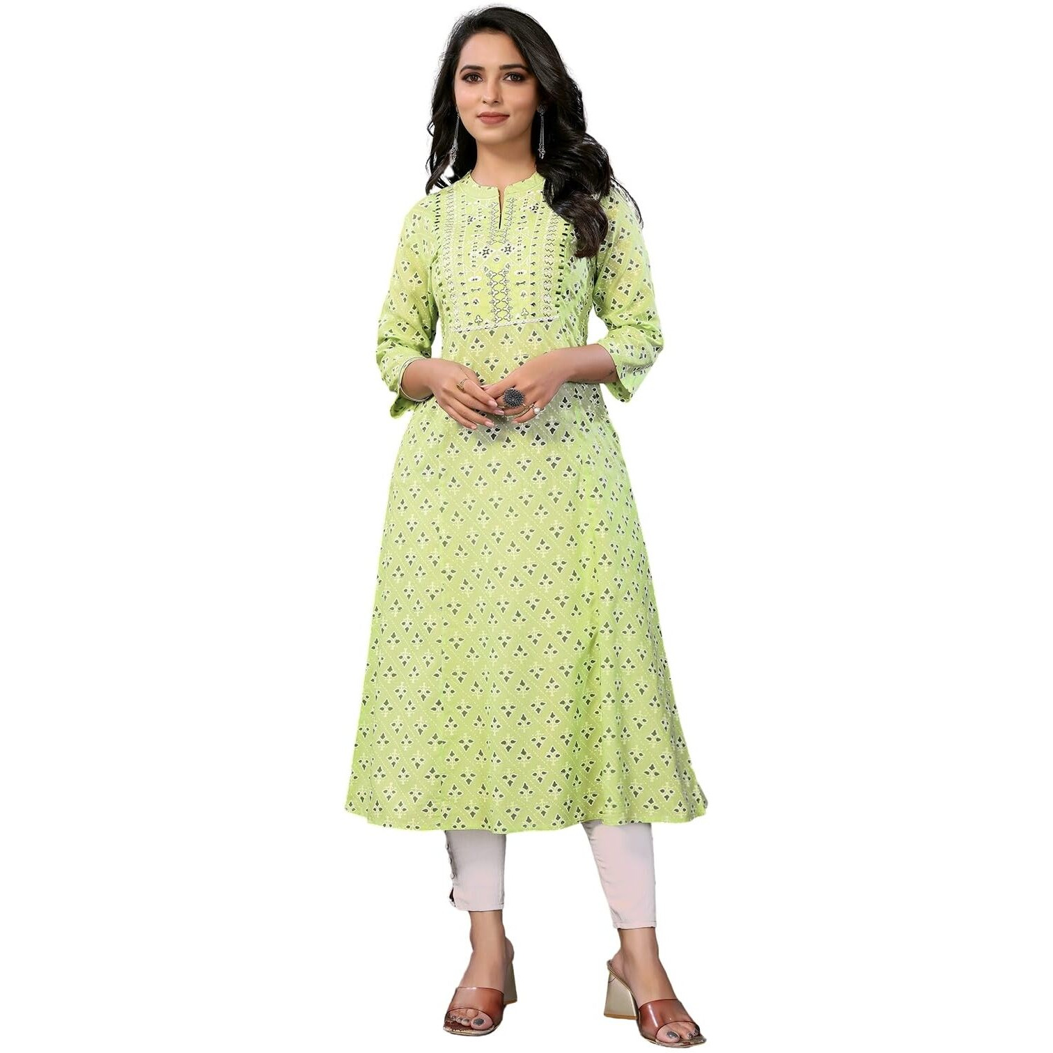 Rangita Green Rayon Calf Length Embroidered Flared Kurti | Kurta For Women_L