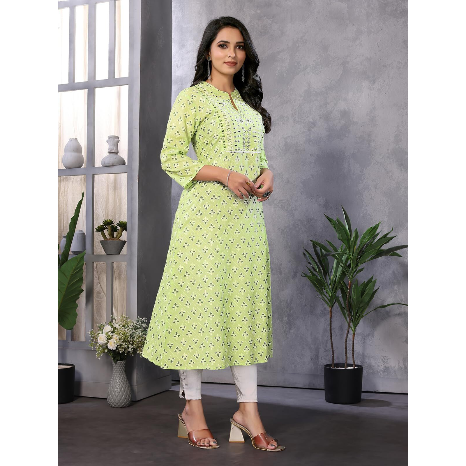 Rangita Green Rayon Calf Length Embroidered Flared Kurti | Kurta For Women_L