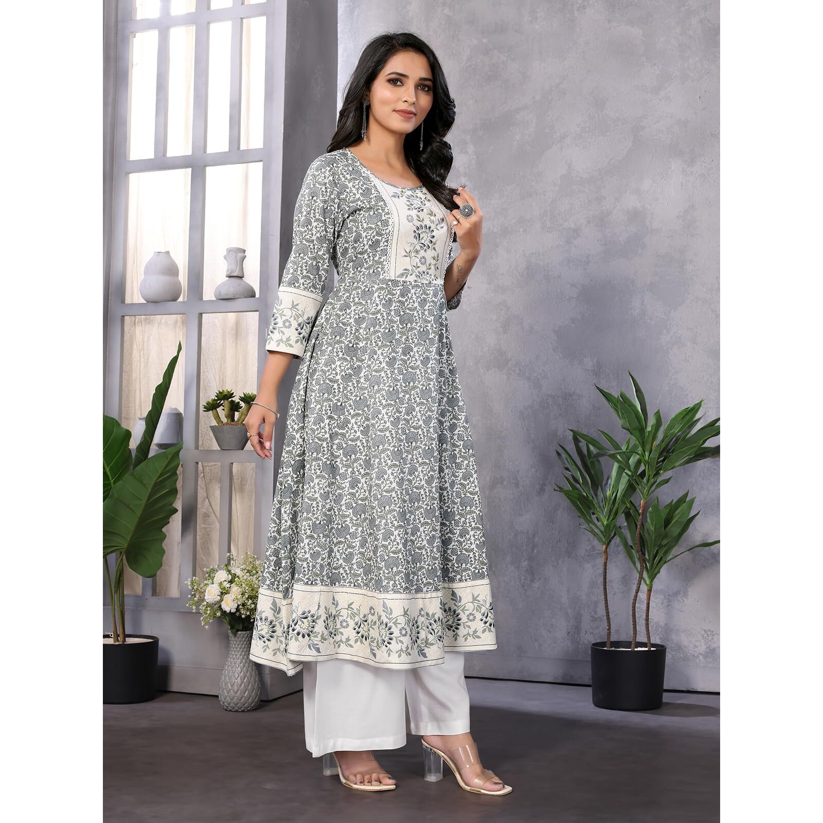 Rangita White Rayon Calf Length Embellished Flared Kurti | Kurta For Women_M