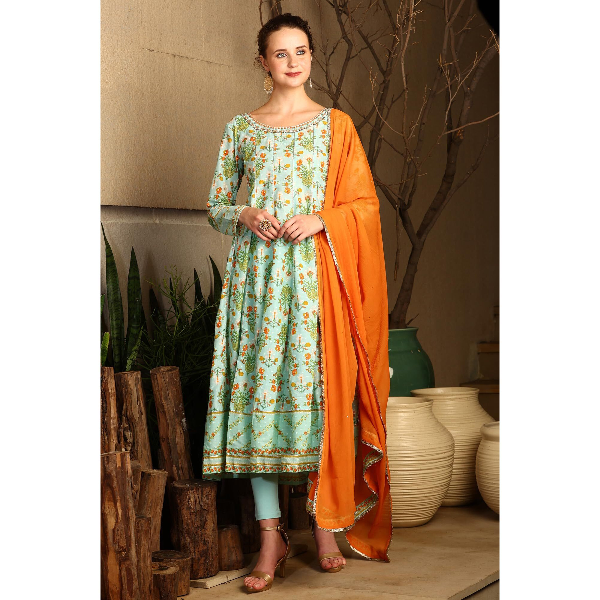 W For Woman Blue Floral Printed Embellished Panelled Chanderi Kurta, Tights And Dupatta Set (Size Xxl)-24Auws11405-123398