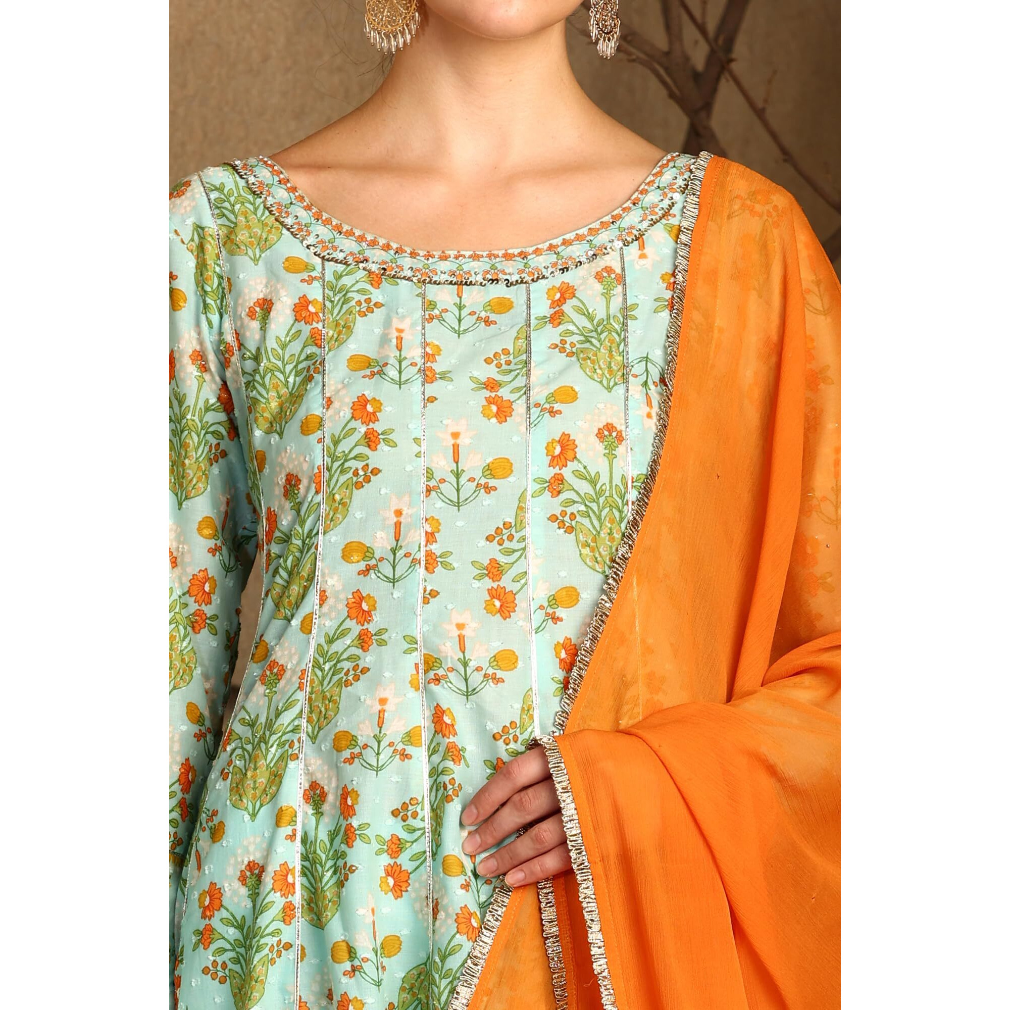 W For Woman Blue Floral Printed Embellished Panelled Chanderi Kurta, Tights And Dupatta Set (Size Xxl)-24Auws11405-123398