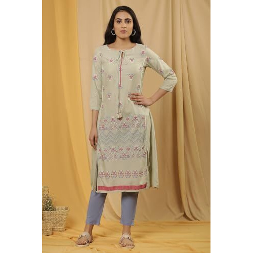 W For Woman W Women Green Floral Print Viscose A-Line Kurta Set With Slim Pant_24Onws18440-119573_Xl