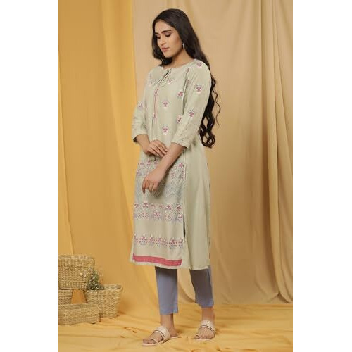 W For Woman W Women Green Floral Print Viscose A-Line Kurta Set With Slim Pant_24Onws18440-119573_Xl