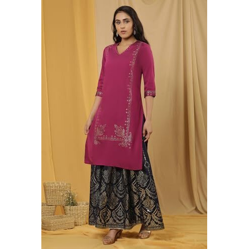 W For Woman Magenta Mukaish Kurta And Printed Skirt Set (Size L)-24Onws18295-119295