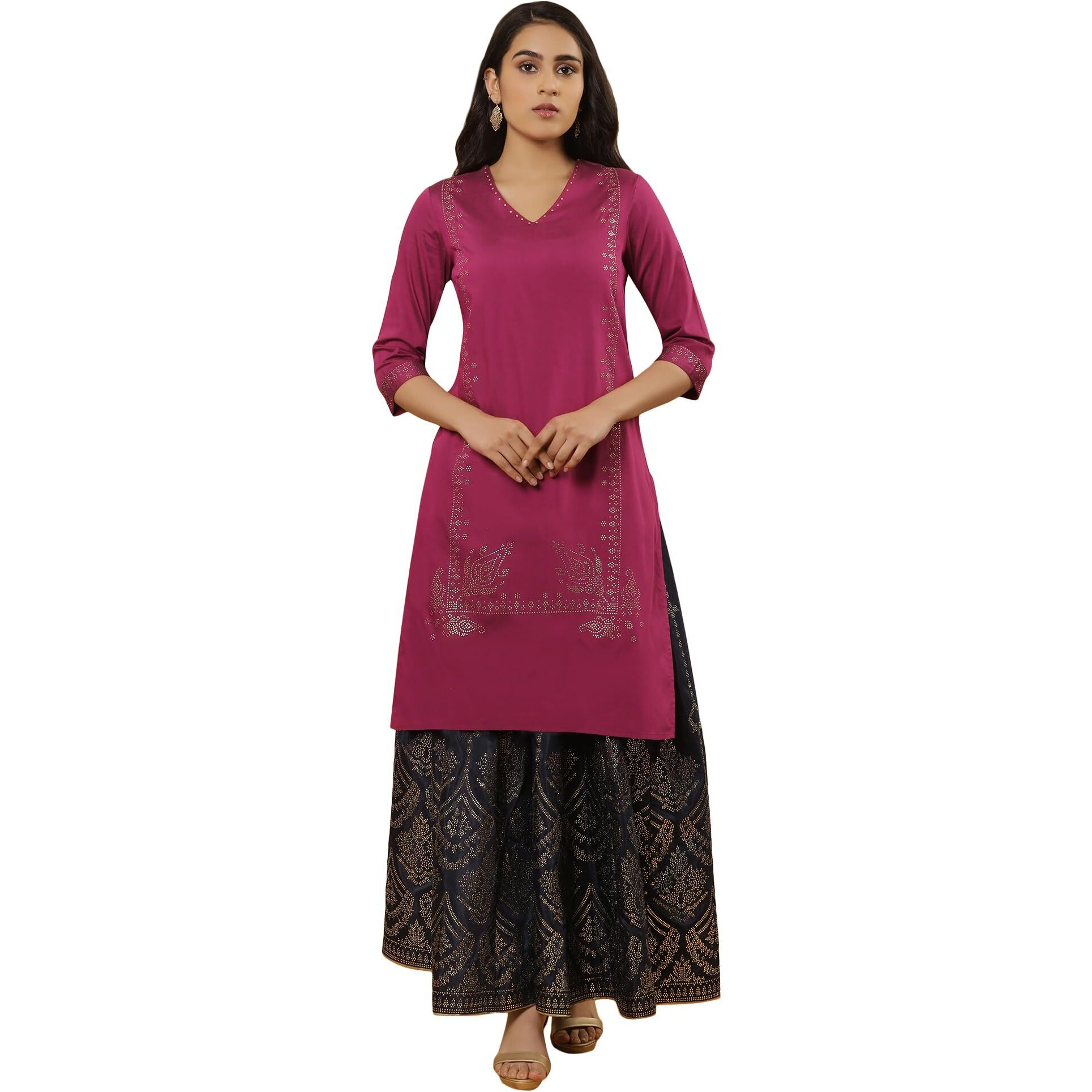 W For Woman Magenta Mukaish Kurta And Printed Skirt Set (Size 2Xl)-24Onws18295-119295