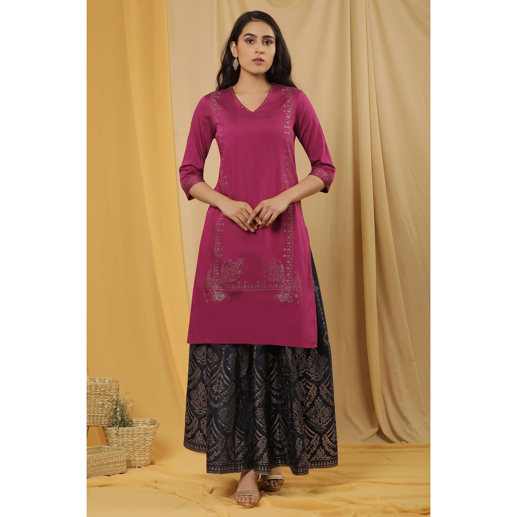 W For Woman Magenta Mukaish Kurta And Printed Skirt Set (Size 2Xl)-24Onws18295-119295