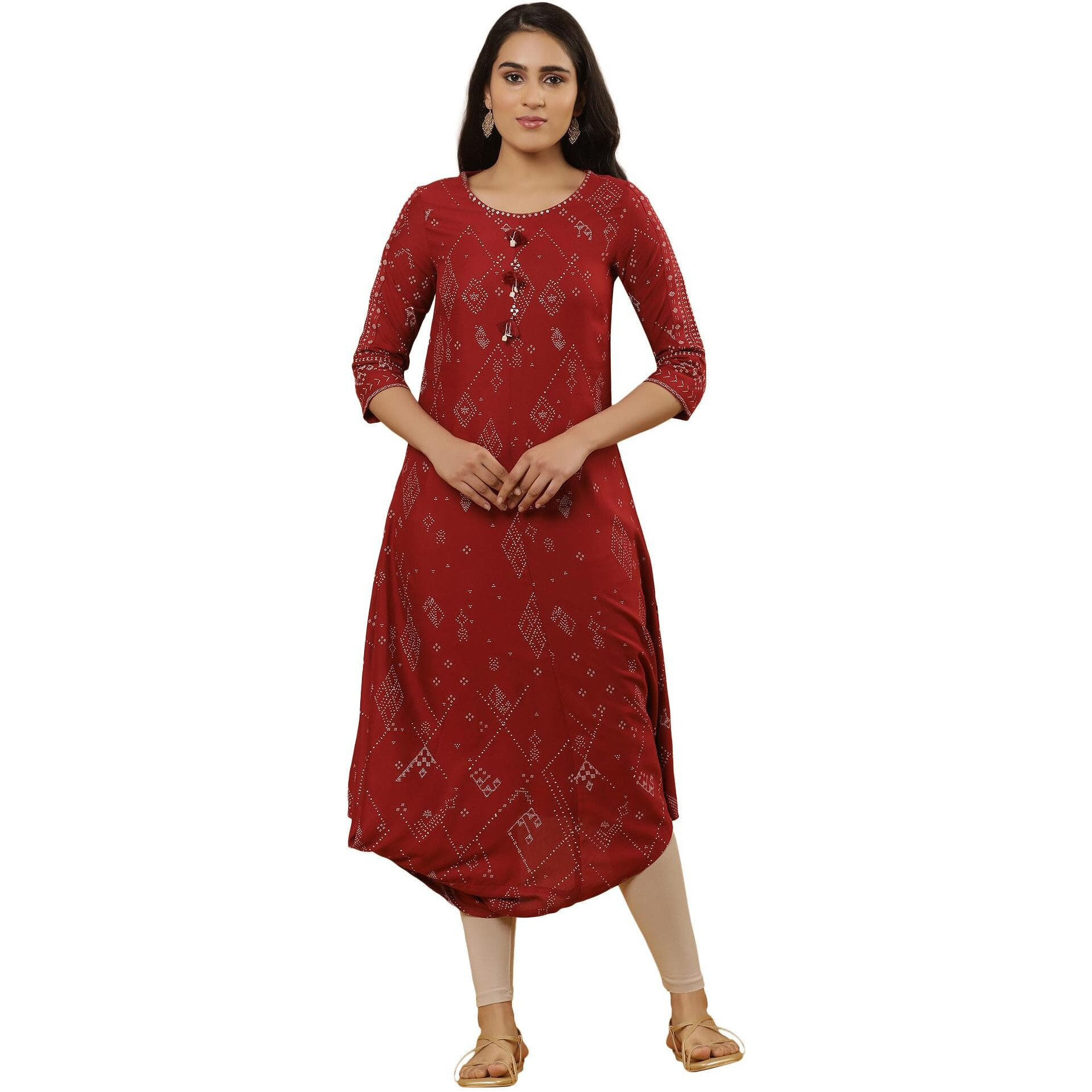 W Women Red Geometric Print Viscose Kurta Set With Tight_24Onws18083-119705_2Xl