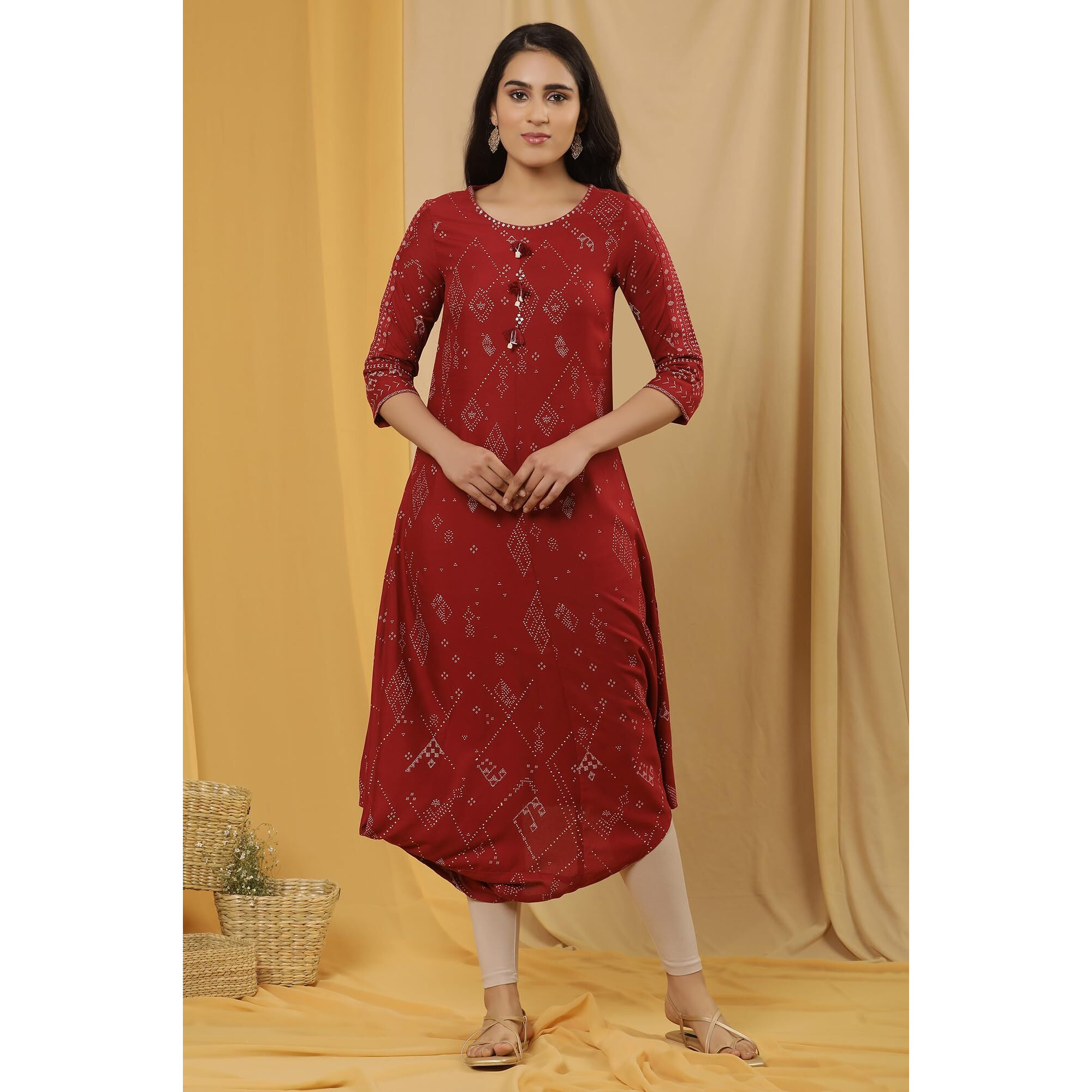 W Women Red Geometric Print Viscose Kurta Set With Tight_24Onws18083-119705_2Xl
