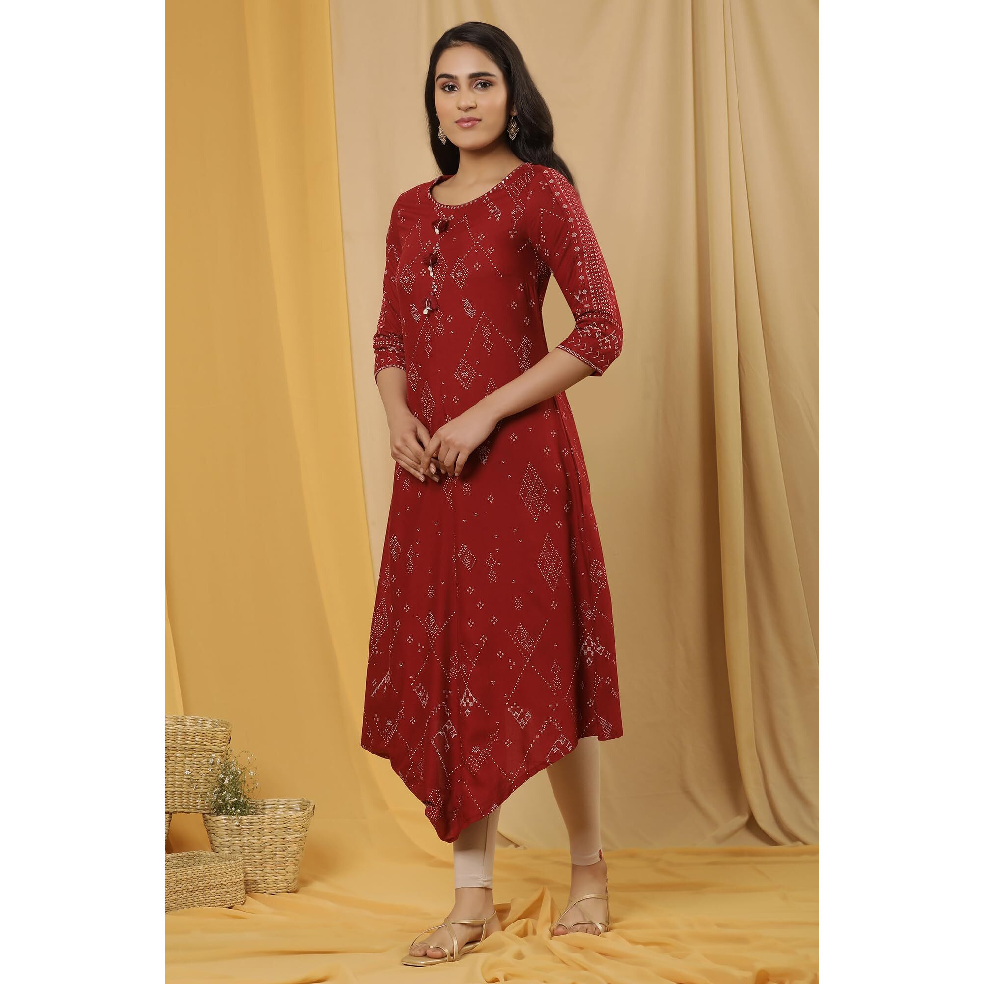W Women Red Geometric Print Viscose Kurta Set With Tight_24Onws18083-119705_2Xl
