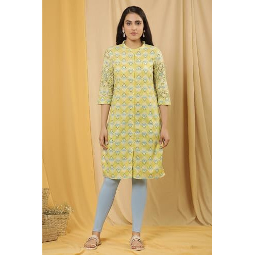 W For Woman W Women Beige Floral Print Cotton Straight Kurta Set With Tight_24Onws17163-117851_L
