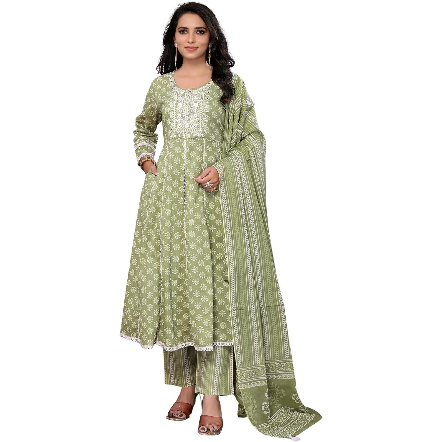 Rangita Green Cotton Embroidered Anarkali Kurta With Pant And Dupatta | Kurta Set For Women_Xl