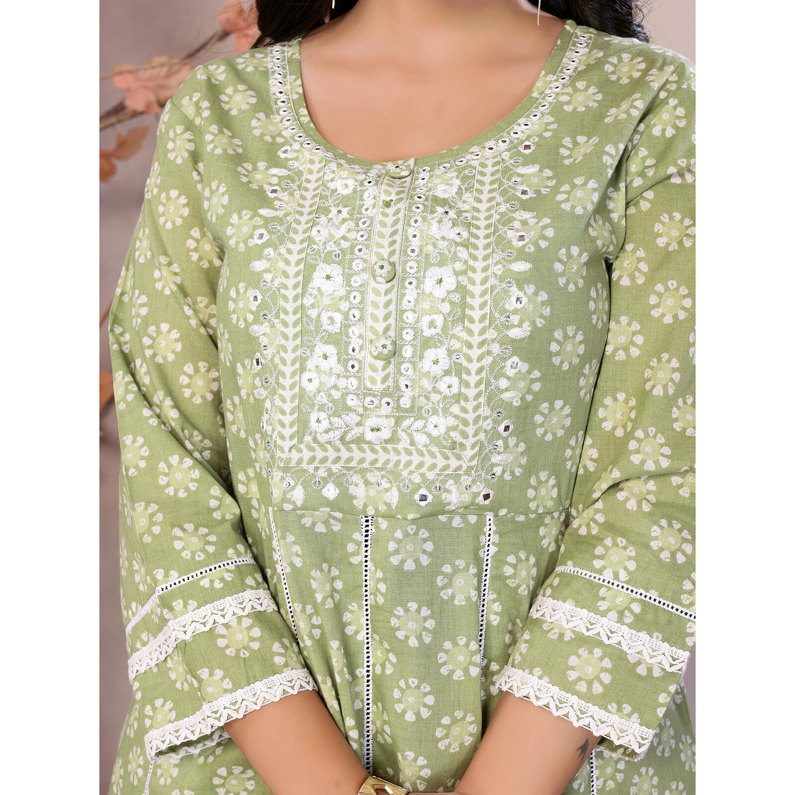 Rangita Green Cotton Embroidered Anarkali Kurta With Pant And Dupatta | Kurta Set For Women_Xl