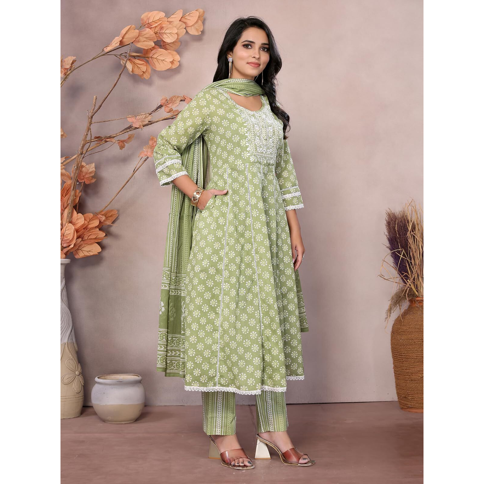Rangita Green Cotton Embroidered Anarkali Kurta With Pant And Dupatta | Kurta Set For Women_Xl