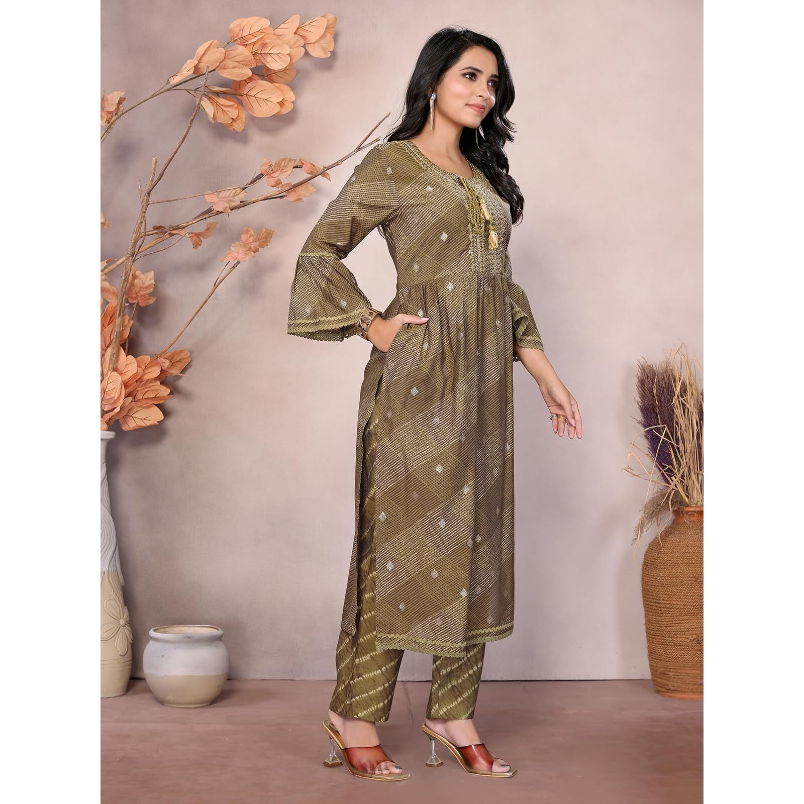 Rangita Olive Chanderi Embroidered A-Line Kurta With Pant | Kurta Set For Women_Xl