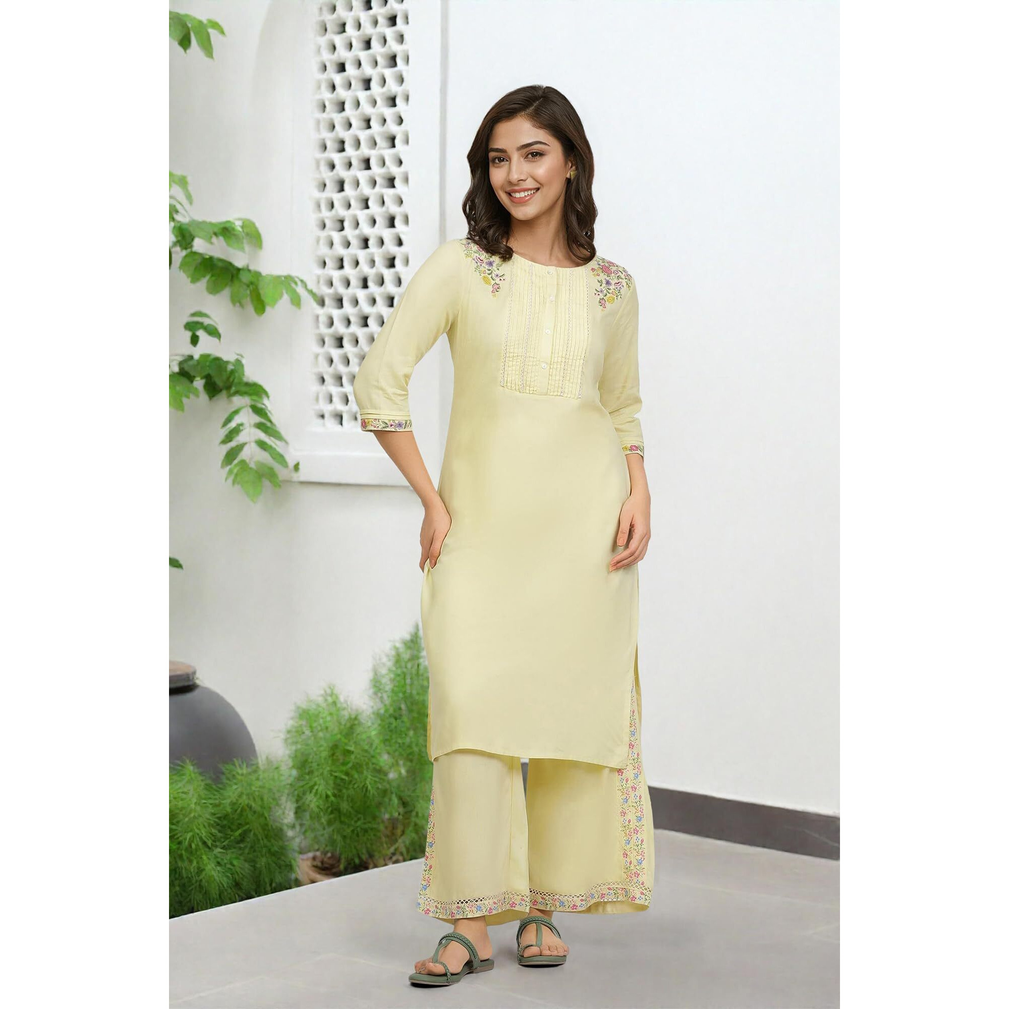 W For Woman Embroidered Rayon Straight Kurta And Pants Set