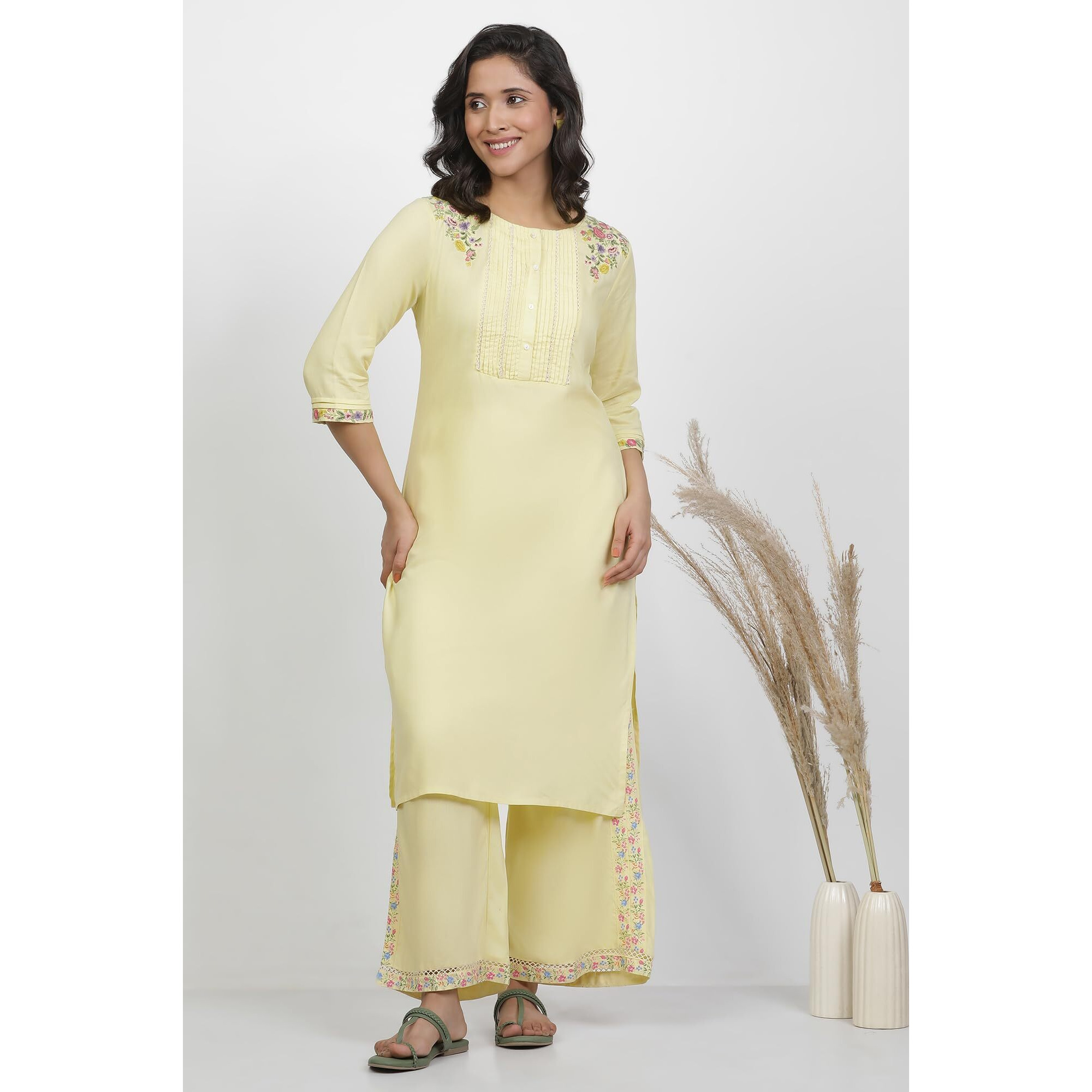 W For Woman Embroidered Rayon Straight Kurta And Pants Set
