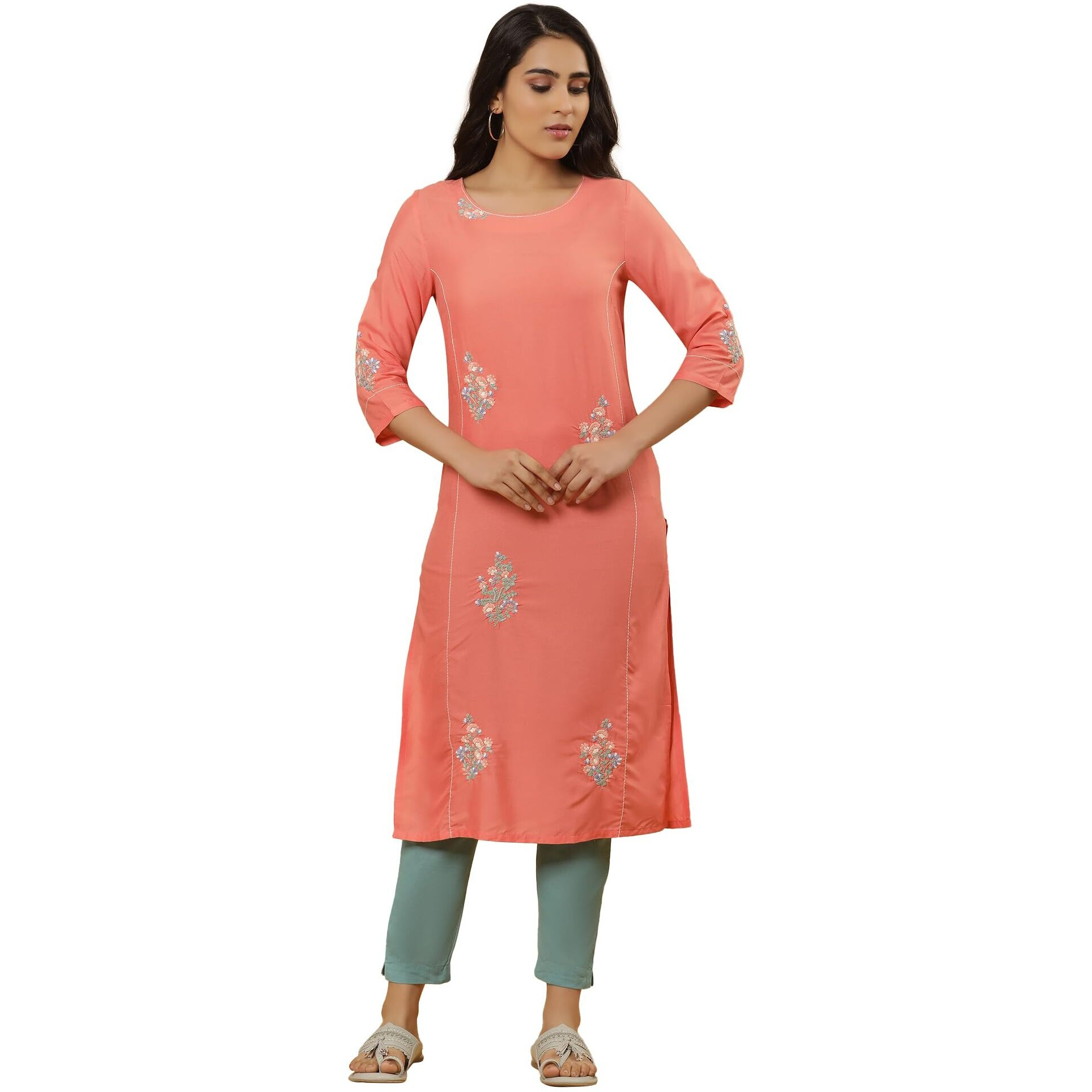 W Women Orange Solid Viscose Straight Kurta Set With Slim Pant_24Onws15941-218191_Xs