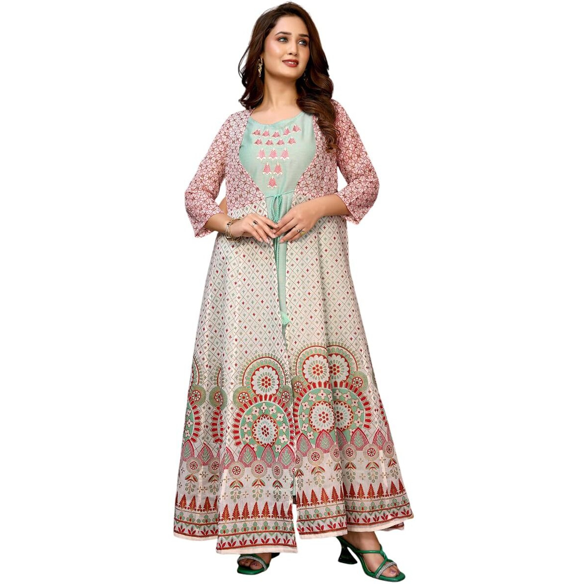 Rangita Green Chanderi Printed Calf Length Anarkali Kurti | Kurta For Women_S