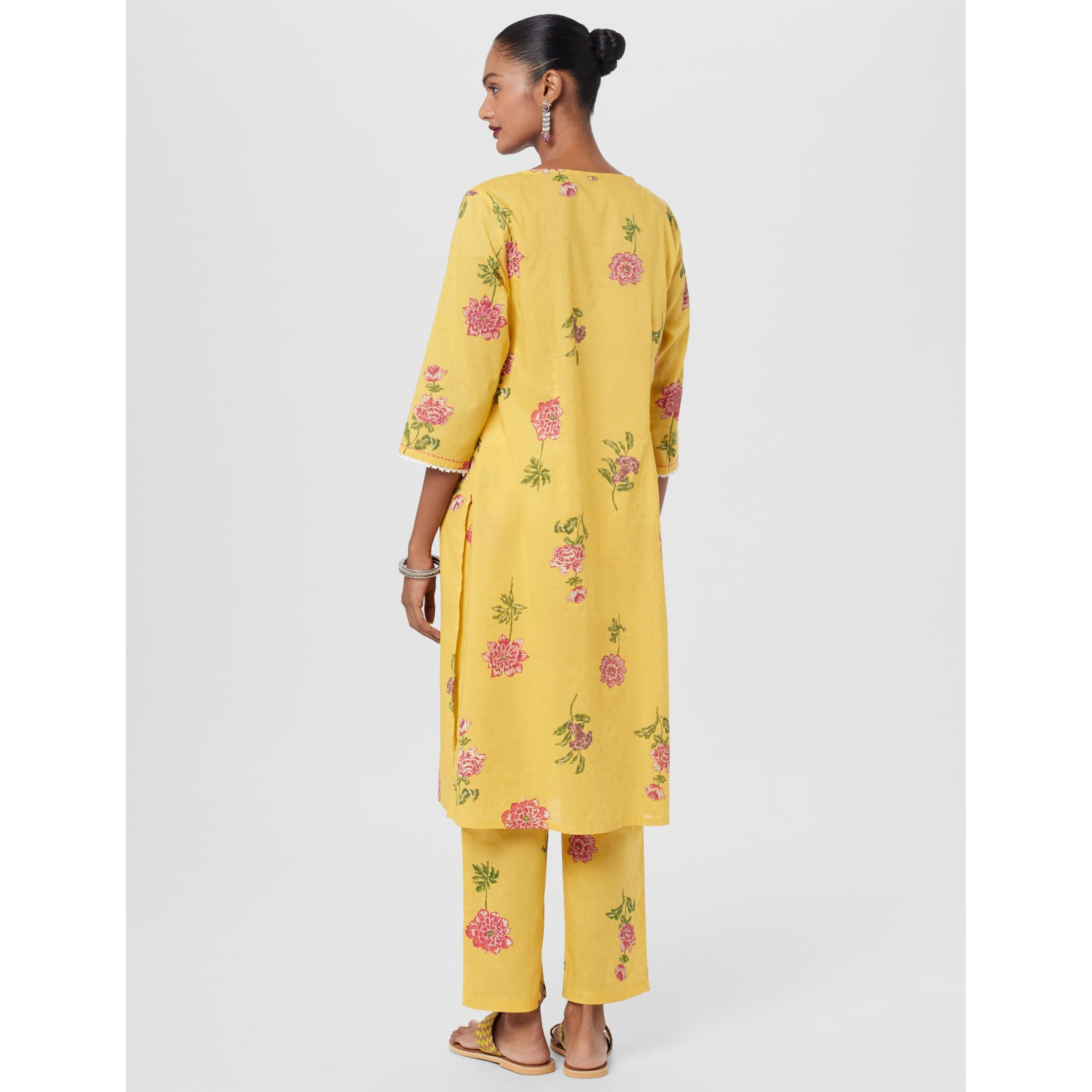 W For Woman Buttercup Yellow Floral Printed A-Line Cotton Kurta And Pants Co-Ord Set (Size M)-24Auws10789-124181