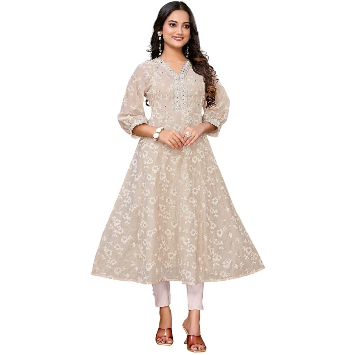 Rangita Beige Chanderi Embroidered Calf Length Anarkali Kurti | Kurta For Women_S