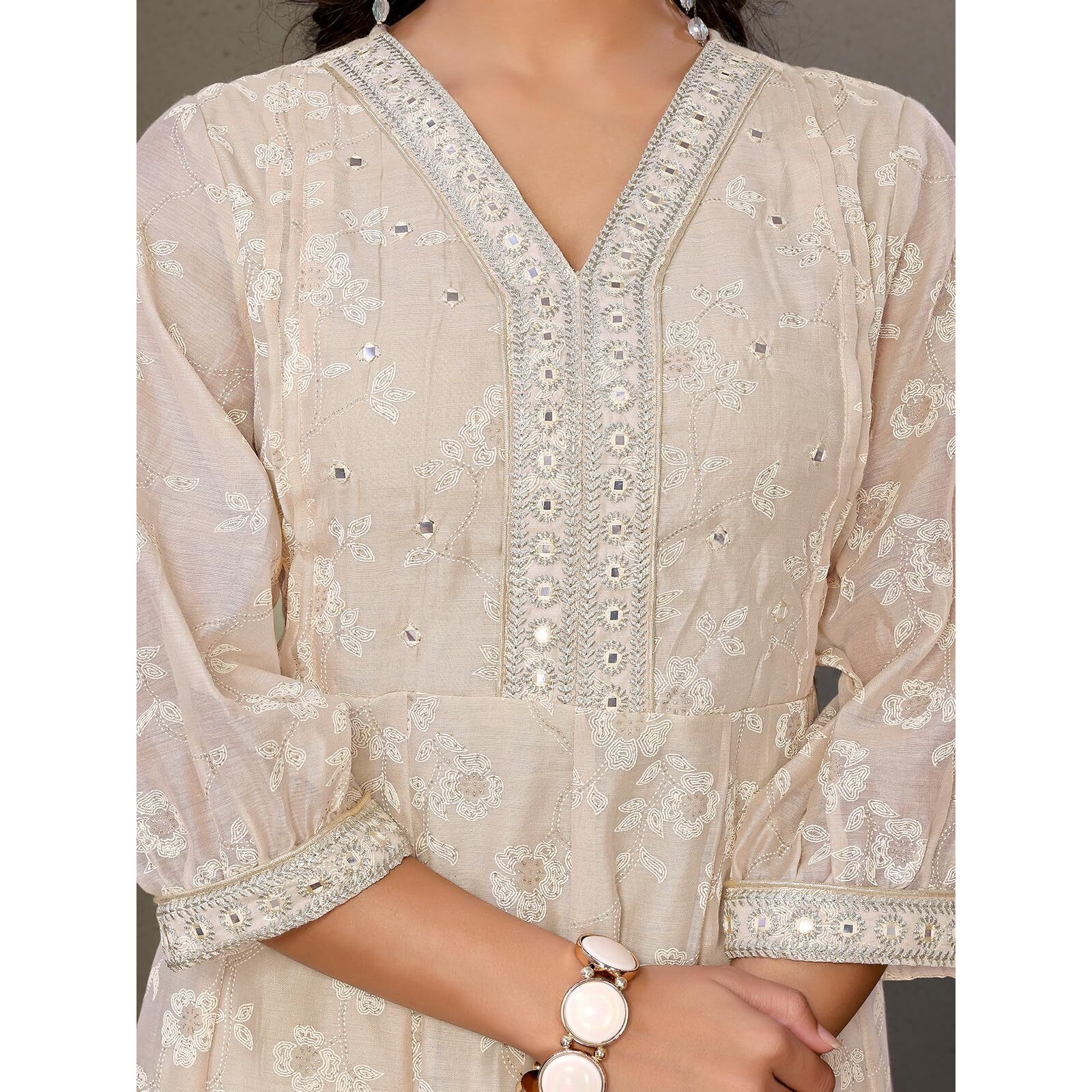 Rangita Beige Chanderi Embroidered Calf Length Anarkali Kurti | Kurta For Women_S
