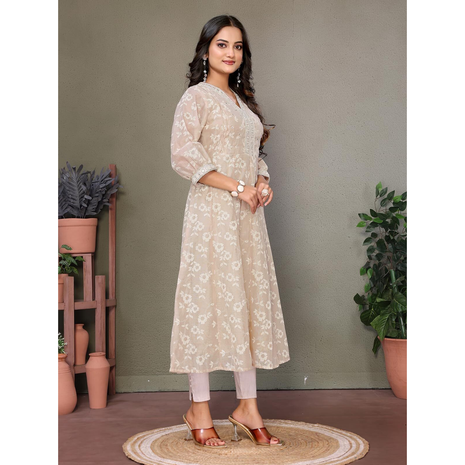 Rangita Beige Chanderi Embroidered Calf Length Anarkali Kurti | Kurta For Women_S