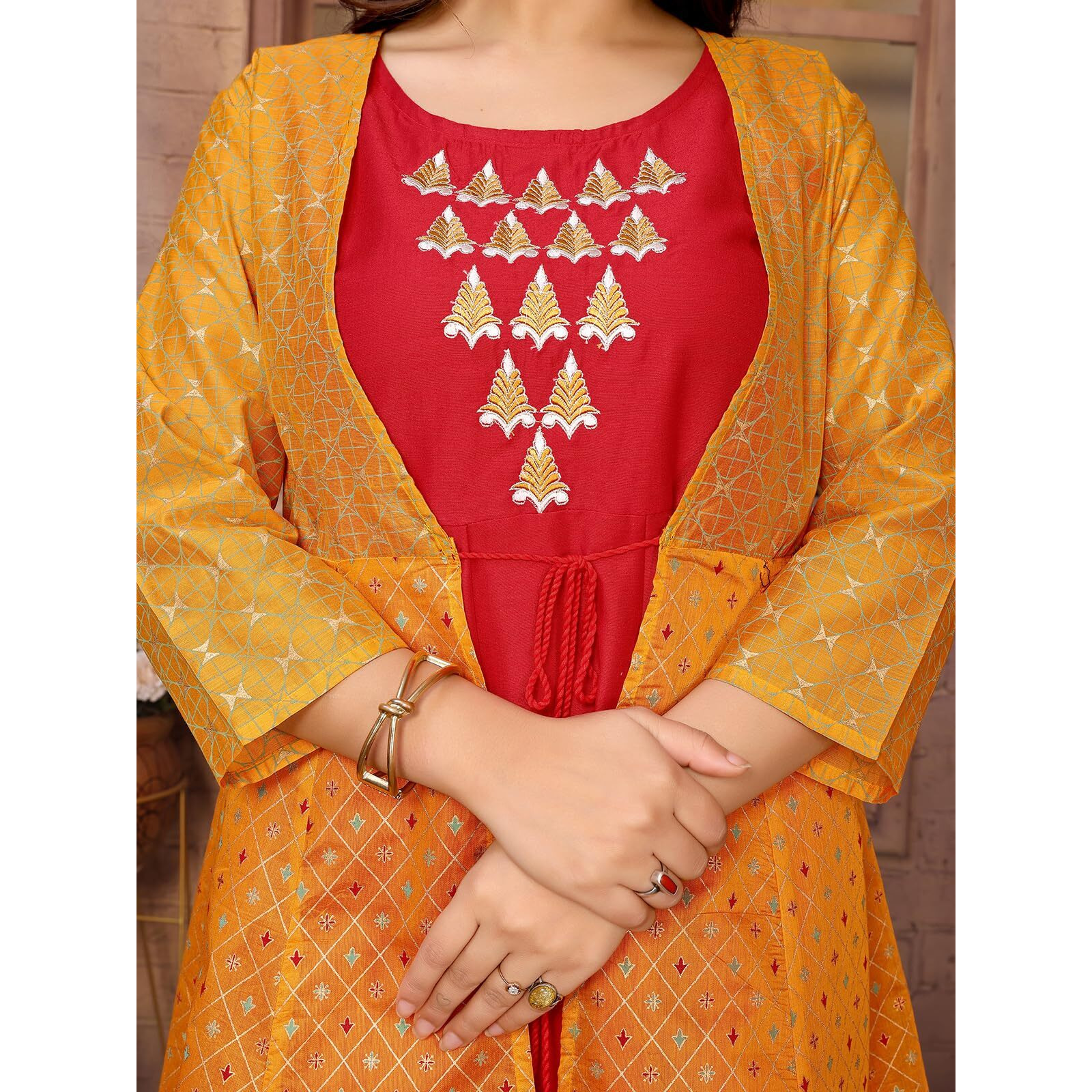 Rangita Mustard Chanderi Printed Calf Length Anarkali Kurti | Kurta For Women_M