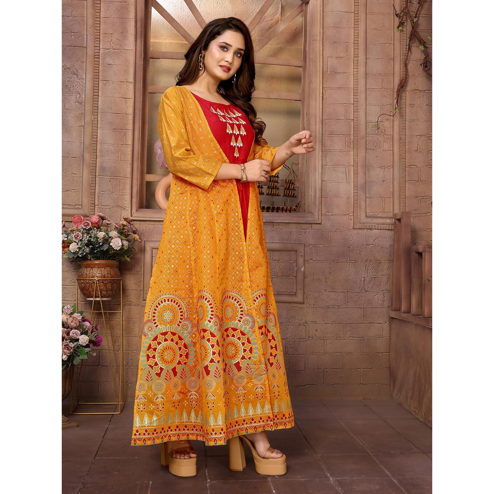 Rangita Mustard Chanderi Printed Calf Length Anarkali Kurti | Kurta For Women_M