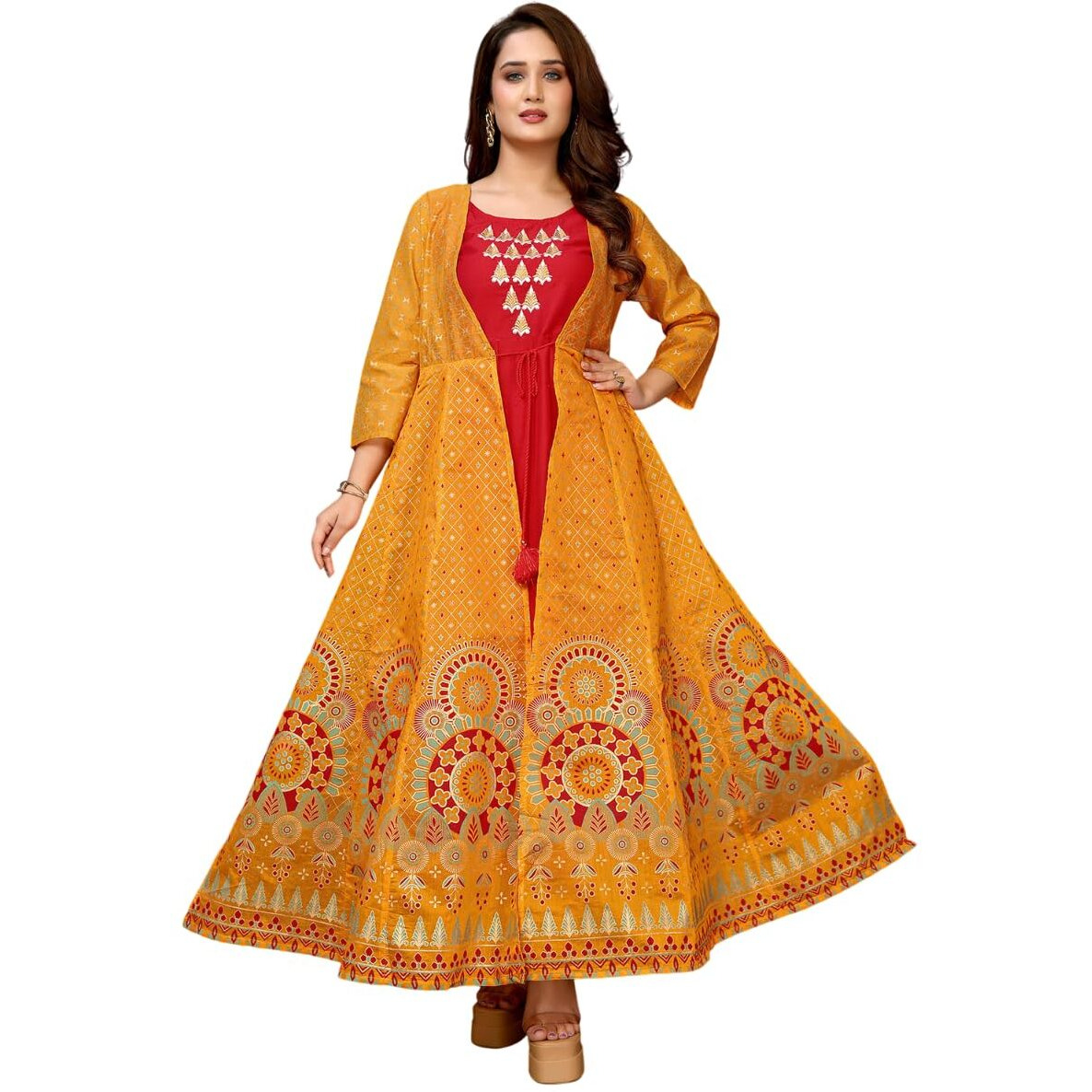 Rangita Mustard Chanderi Printed Calf Length Anarkali Kurti | Kurta For Women_Xl