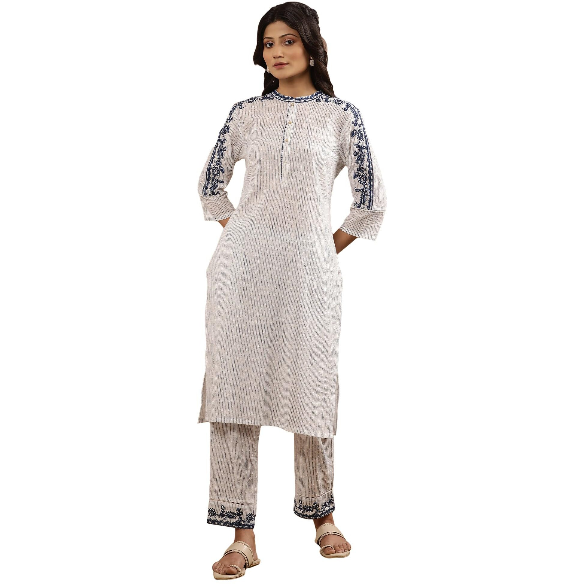 W For Woman White Cotton Stripe Printed Kurta With Thread Embroidery_24Auw10820-123096_Xs